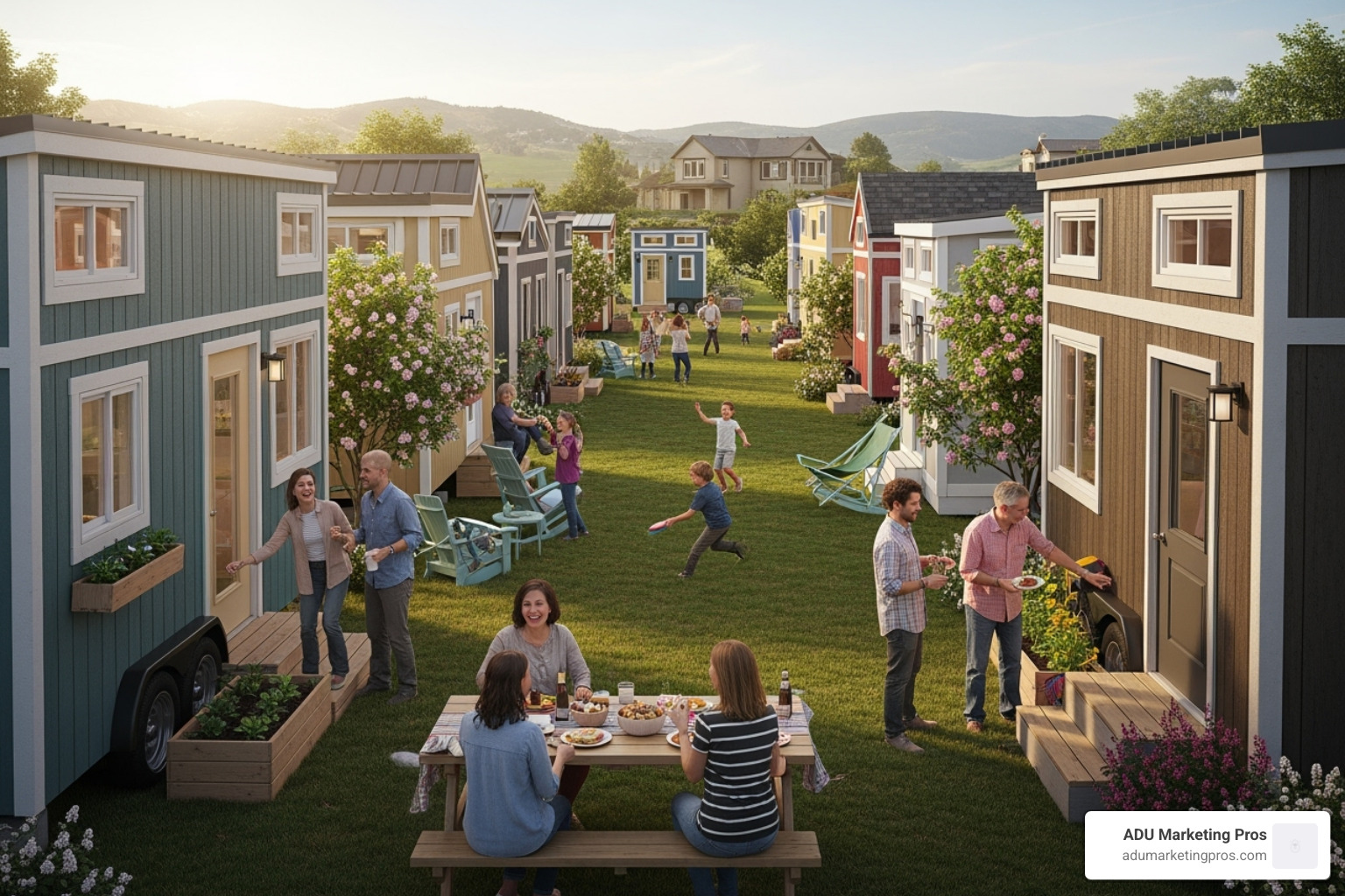 several tiny homes parked in a neat row within the Delta Bay Tiny House Village, with residents socializing outdoors - tiny homes bay area