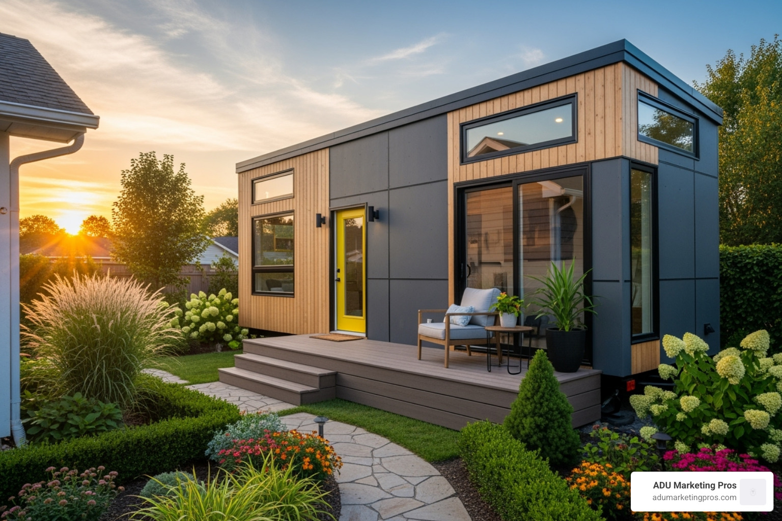 stylish tiny home installed on a permanent foundation in a landscaped suburban backyard - tiny homes bay area