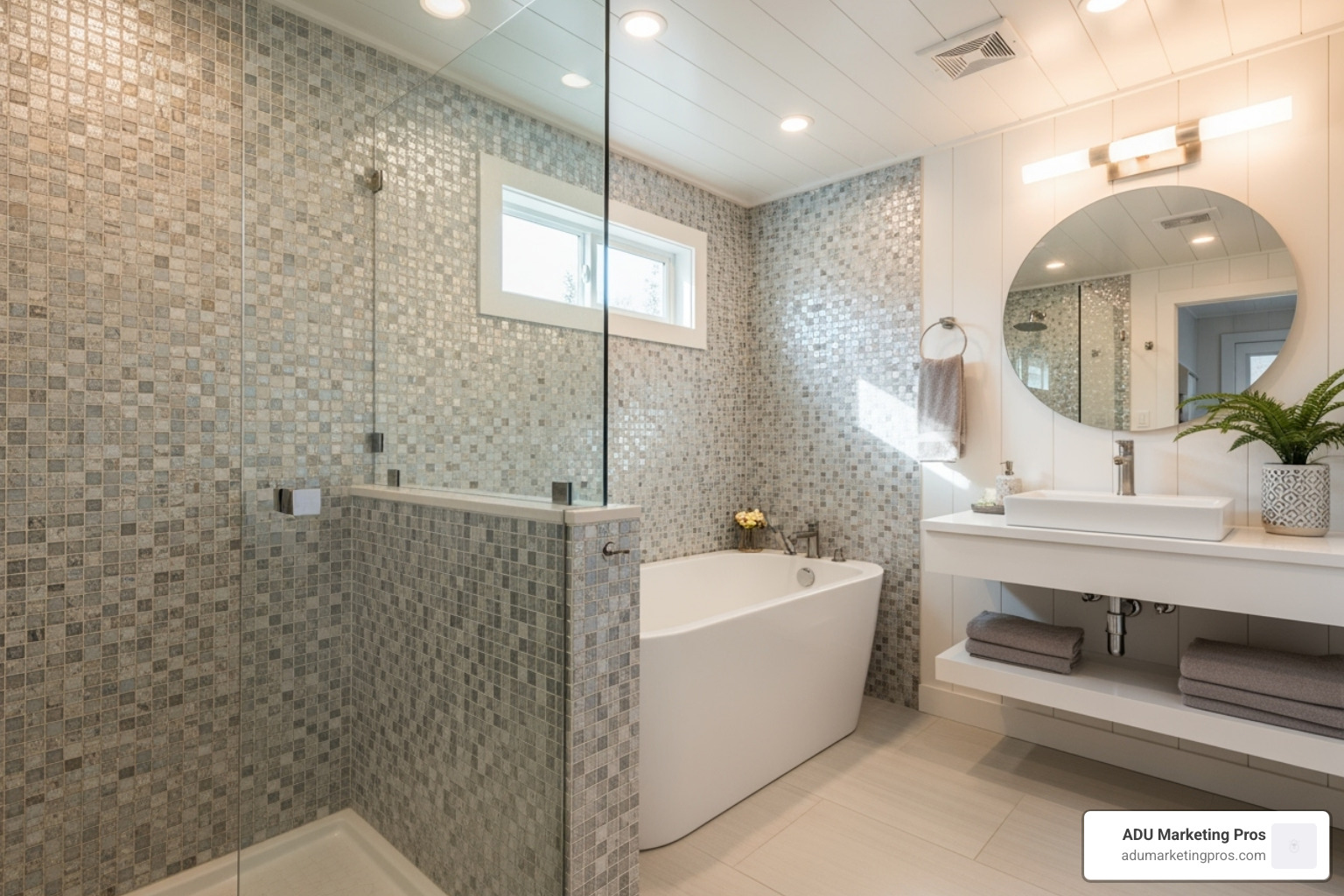 high-end tiny home interior showcasing a spa-like bathroom with a modern tub and premium tile work - tiny homes bay area