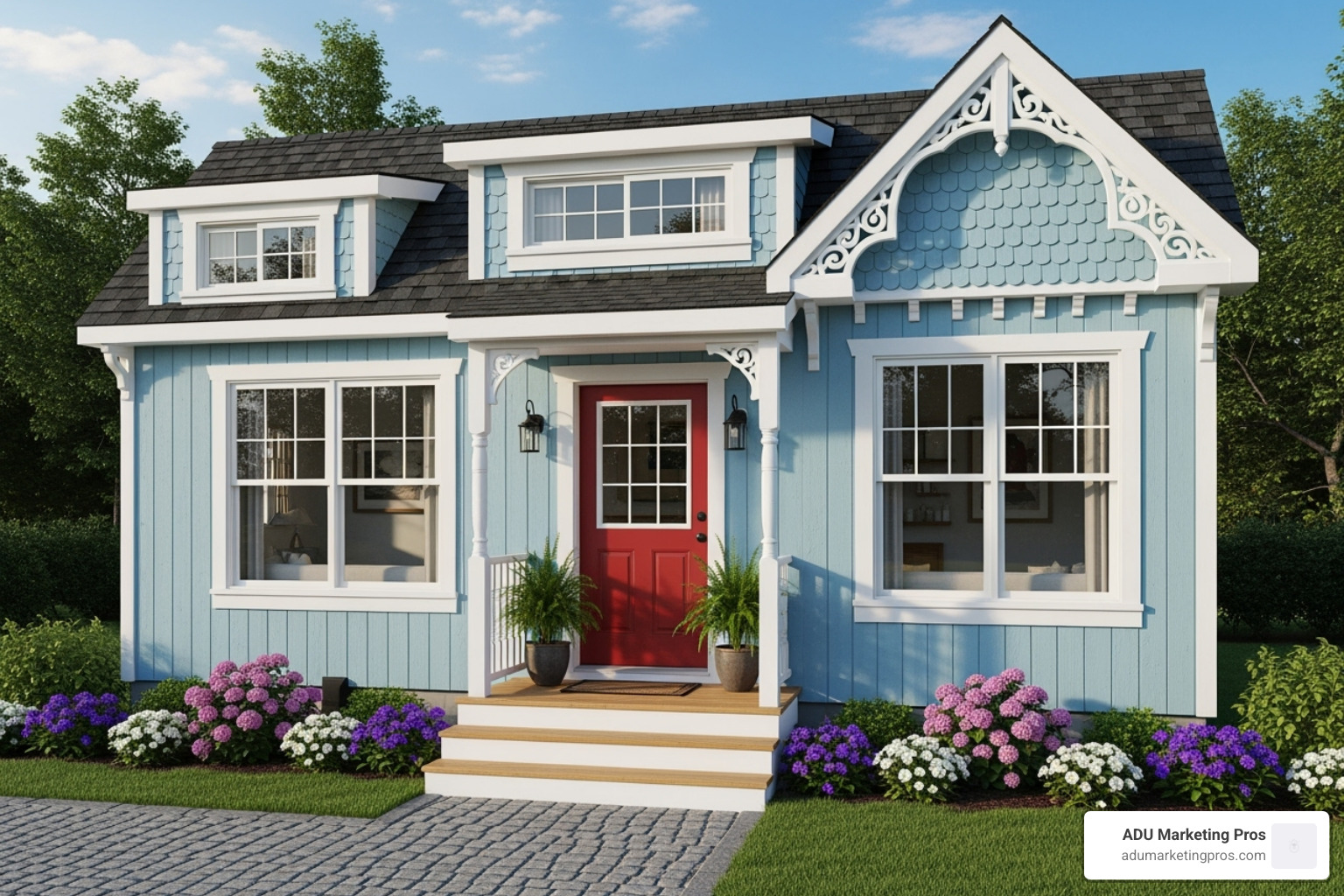 charming tiny home with a classic gable roof and Victorian-inspired trim, painted in a pastel color - tiny homes bay area