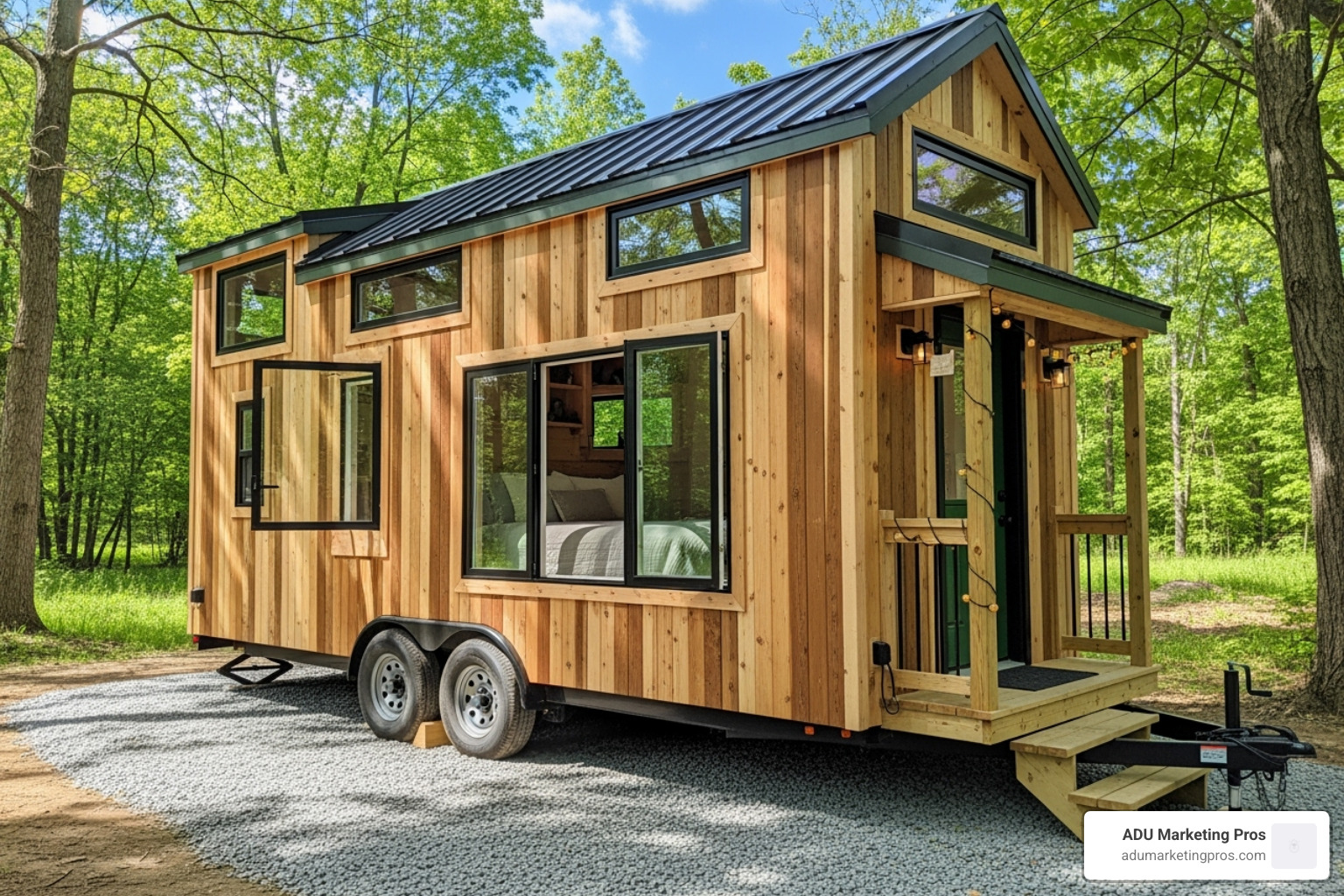 larger, two-story tiny home on wheels with a ground-floor bedroom window visible - tiny homes bay area