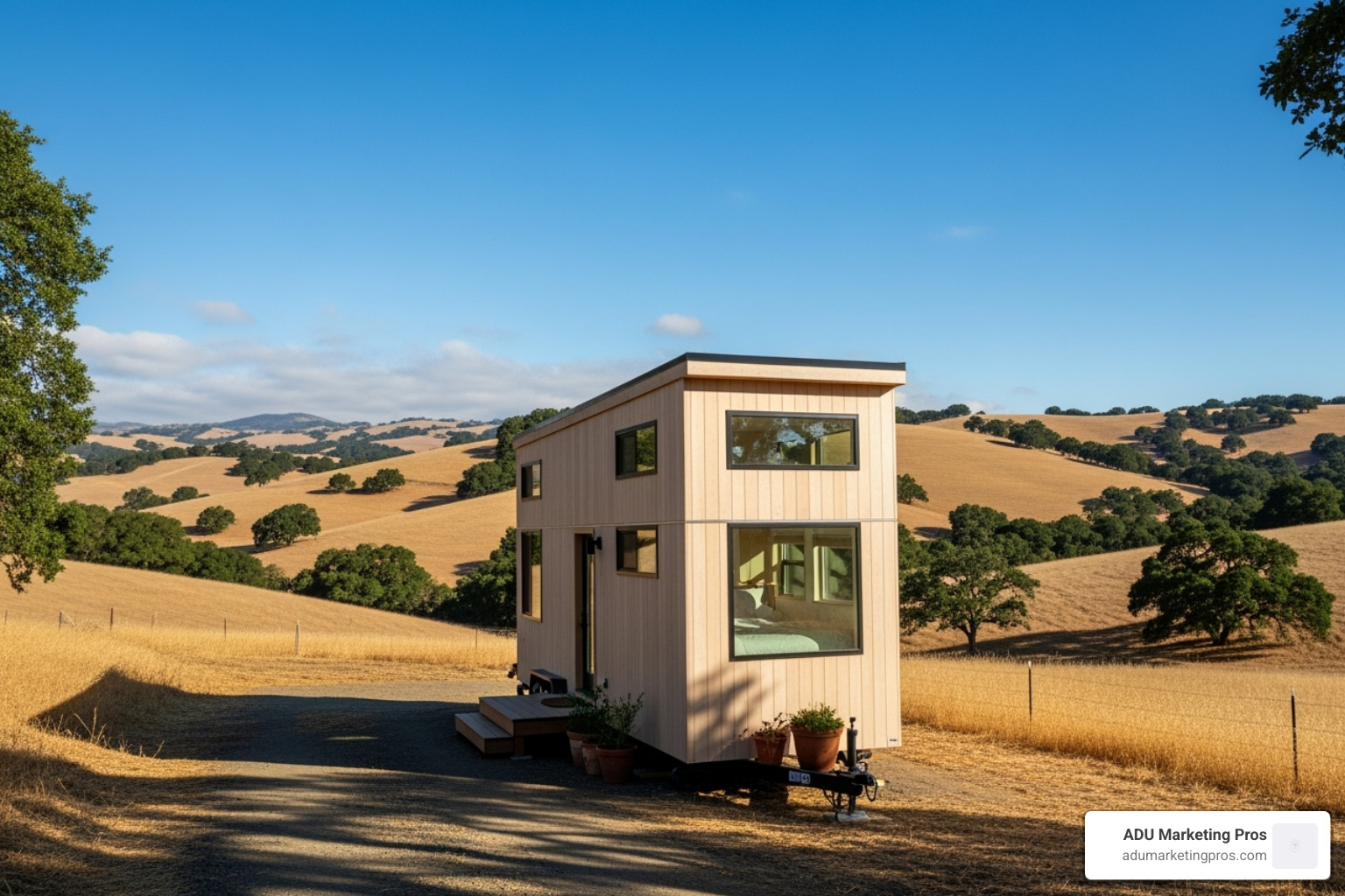 tiny home situated on a large, rural plot of land with rolling hills characteristic of the Bay Area outskirts - tiny homes bay area