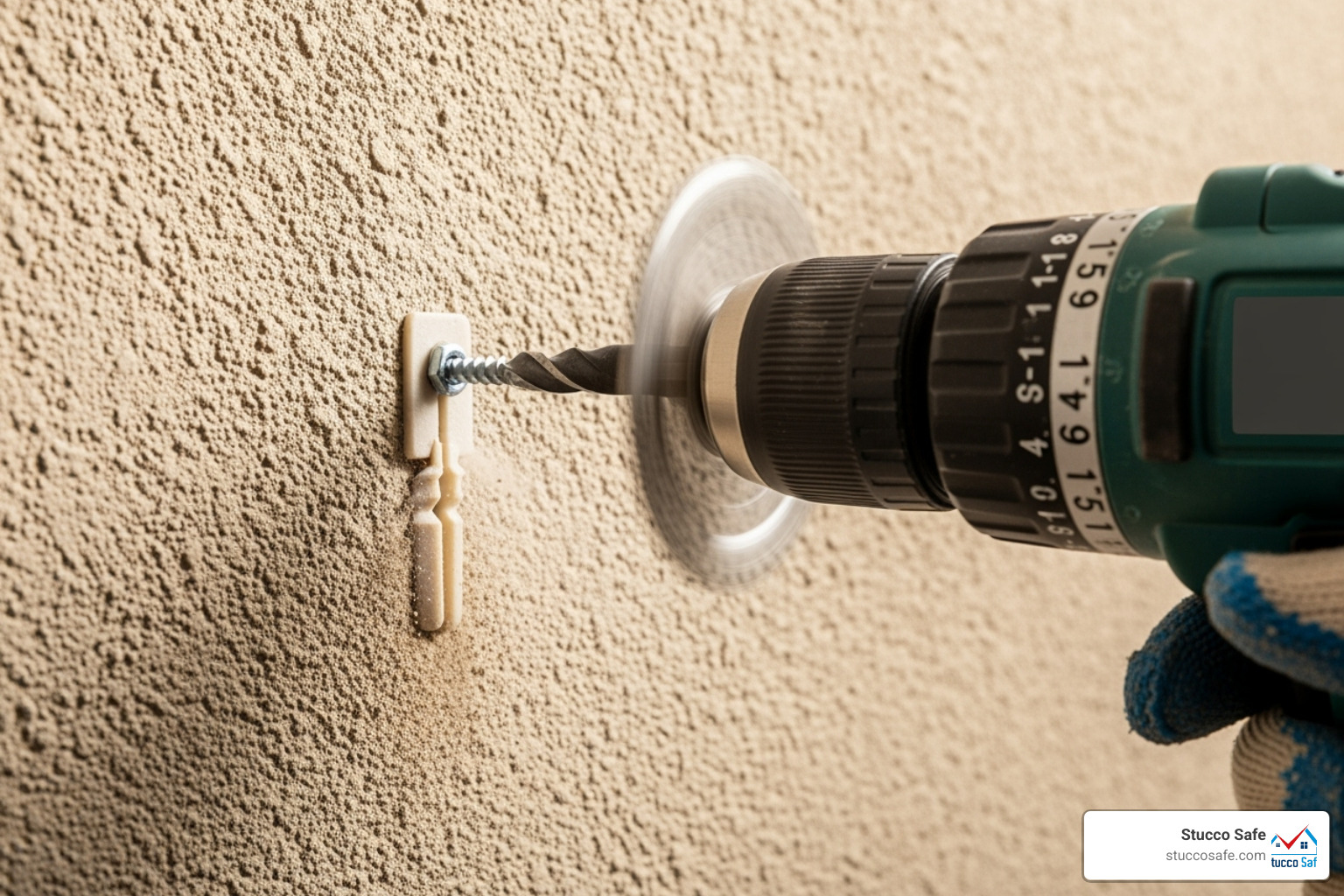 A close-up image of a power drill driving a screw into a pre-installed stucco wall anchor, demonstrating proper installation technique - best screws for stucco A close-up image of a power drill driving a screw into a pre-installed stucco wall anchor, demonstrating proper installation technique - best screws for stucco