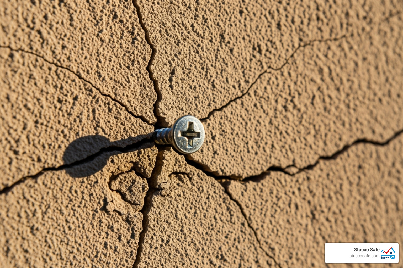 A cracked stucco wall around an incorrectly installed screw, highlighting the damage caused by using the wrong fastener - best screws for stucco A cracked stucco wall around an incorrectly installed screw, highlighting the damage caused by using the wrong fastener - best screws for stucco