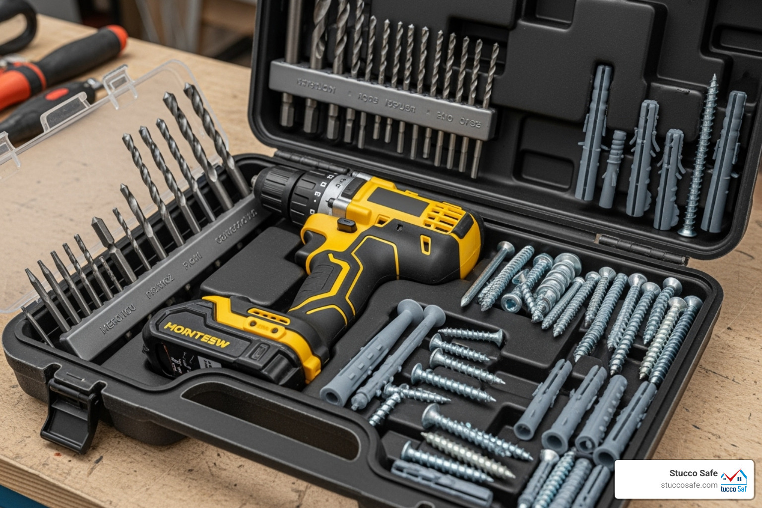 A toolkit with a power drill, various masonry drill bits, and an assortment of stucco screws and anchors - best screws for stucco A toolkit with a power drill, various masonry drill bits, and an assortment of stucco screws and anchors - best screws for stucco