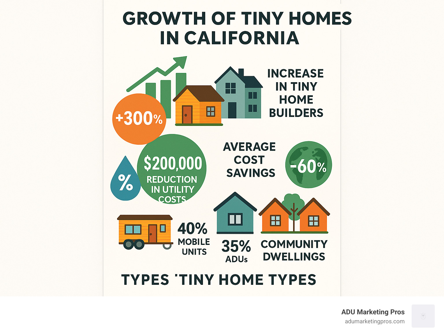 Infographic showing the growth of tiny home movement in California from 2015-2023, displaying key statistics: 300% increase in tiny home builders, average cost savings of $200,000 compared to traditional homes, 75% reduction in utility costs, 60% smaller carbon footprint, and breakdown of tiny home types - 40% mobile units, 35% ADUs, 25% community dwellings - tiny homes bay area infographic 