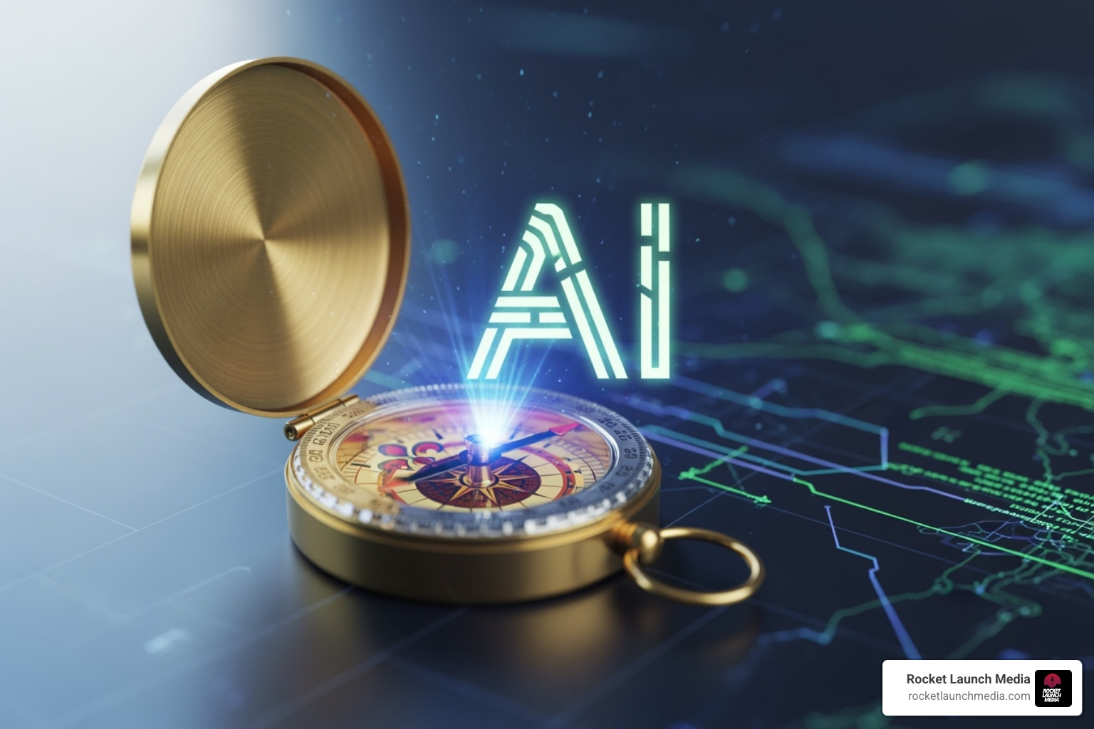A compass pointing towards an "AI" symbol, signifying the directional shift in search and the importance of adapting strategies for the future of AI - llm seo