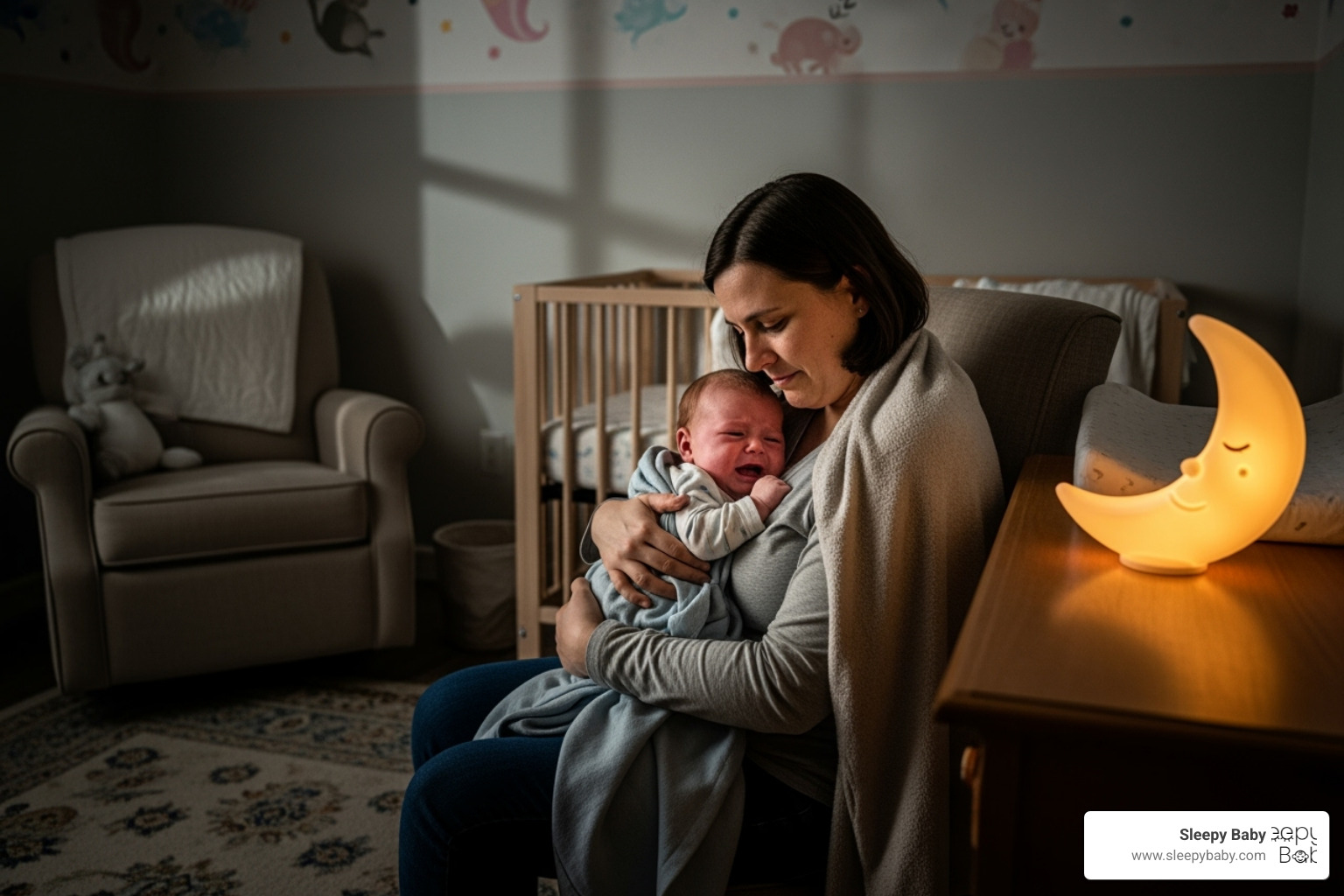 Parent soothing a fussy baby in a dimly lit nursery - sleep and feeding schedule for 6 month old