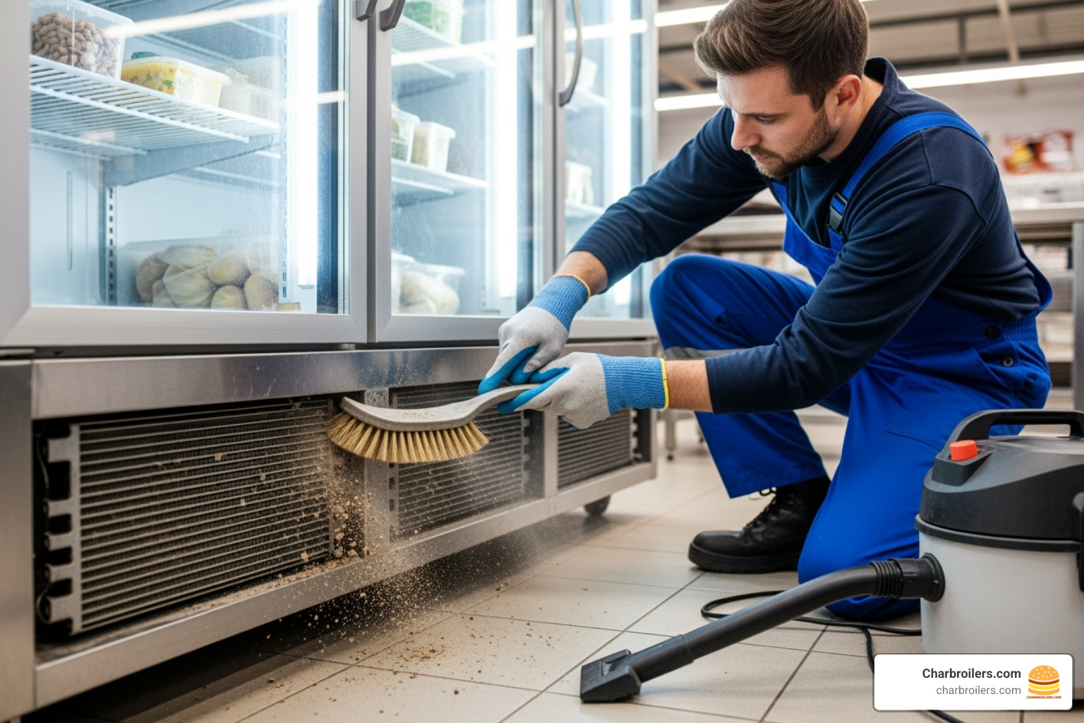 technician cleaning the coils of a commercial refrigerator - display counter fridge technician cleaning the coils of a commercial refrigerator - display counter fridge