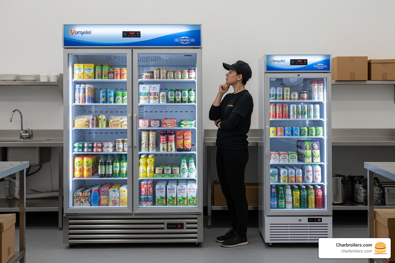person comparing two different sizes of display fridges - display counter fridge person comparing two different sizes of display fridges - display counter fridge