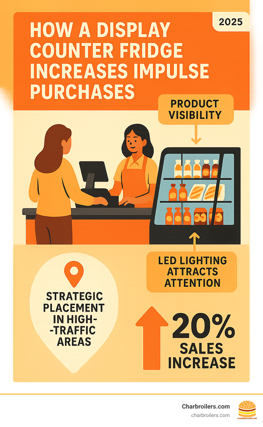 Infographic showing how a display counter fridge positioned at a checkout counter increases impulse purchases through product visibility, LED lighting attracting customer attention, and strategic placement in high-traffic areas leading to 20% sales increase - display counter fridge infographic Infographic showing how a display counter fridge positioned at a checkout counter increases impulse purchases through product visibility, LED lighting attracting customer attention, and strategic placement in high-traffic areas leading to 20% sales increase - display counter fridge infographic