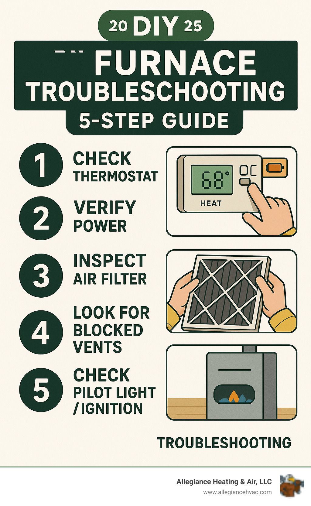Infographic showing 5-step DIY furnace troubleshooting process: 1. Check thermostat settings and batteries, 2. Verify furnace power switch and circuit breaker, 3. Inspect and replace dirty air filter, 4. Look for blocked vents and registers, 5. Check pilot light or ignition system if accessible - furnace not working infographic 