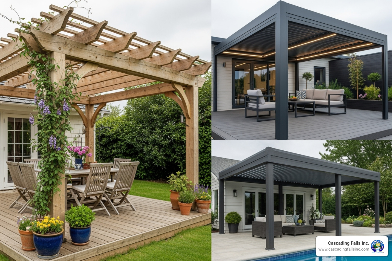 collage showing wood, aluminum, and composite pergolas - pergolas for decks collage showing wood, aluminum, and composite pergolas - pergolas for decks