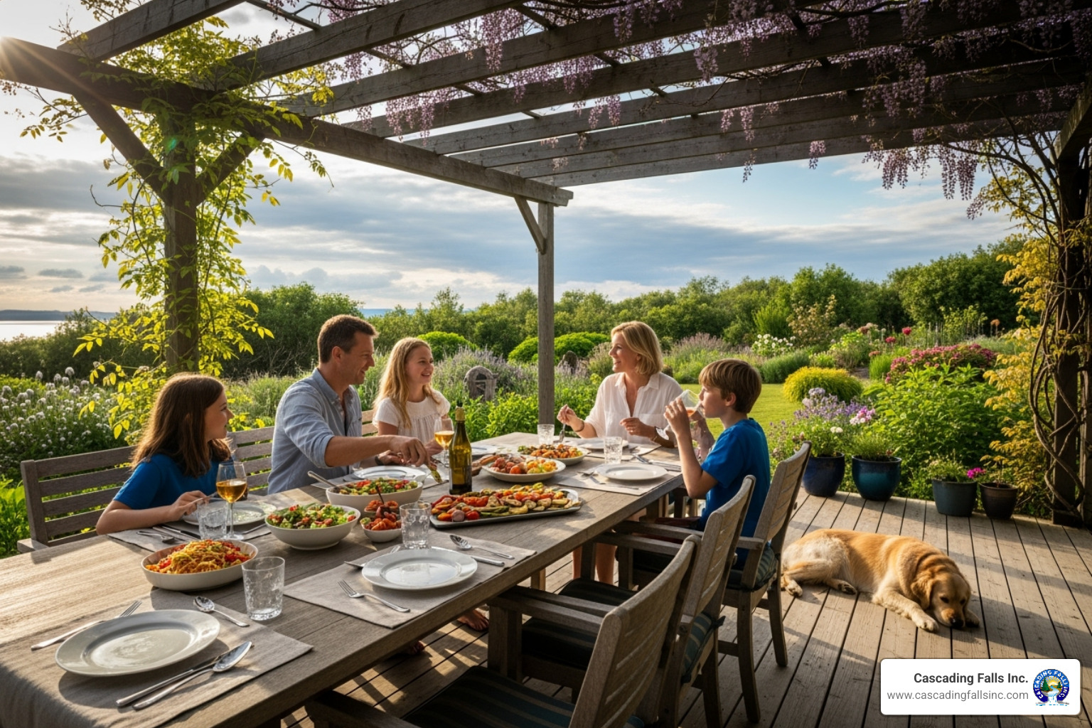 family enjoying meal on deck under pergola - pergolas for decks family enjoying meal on deck under pergola - pergolas for decks