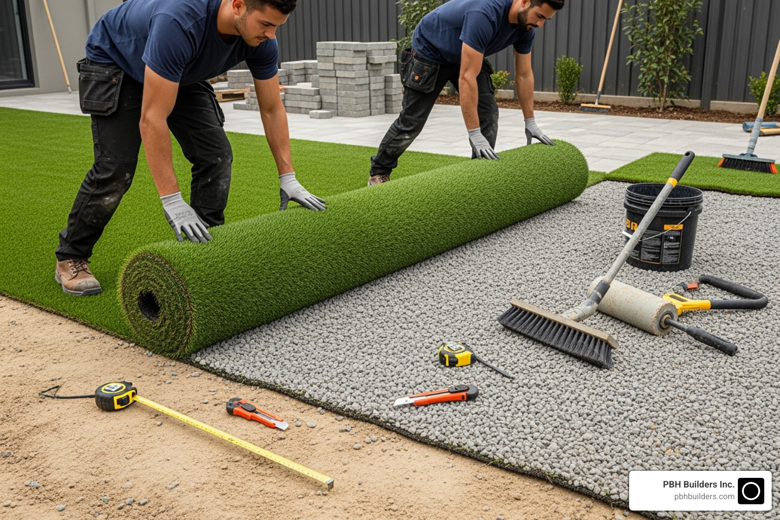 Professional installers laying down a roll of artificial turf - astro turf price per square foot