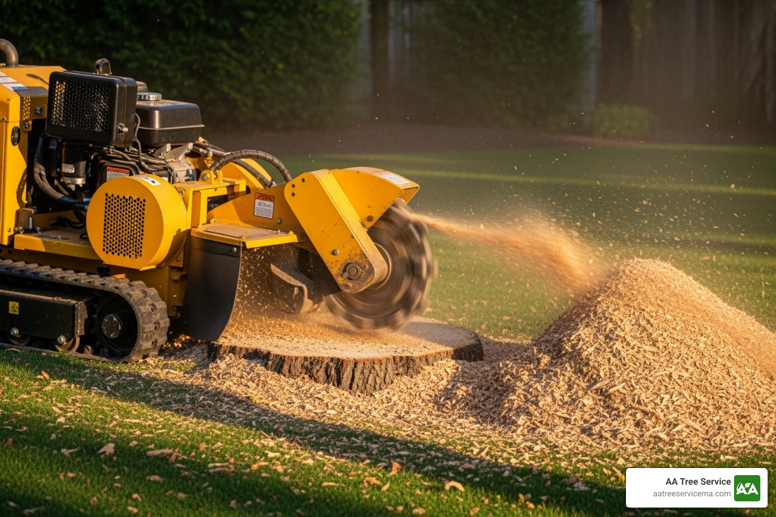 A powerful stump grinder efficiently changing a large, unsightly tree stump into fine wood chips, demonstrating the clean and effective removal process - tree removal Framingham MA A powerful stump grinder efficiently changing a large, unsightly tree stump into fine wood chips, demonstrating the clean and effective removal process - tree removal Framingham MA