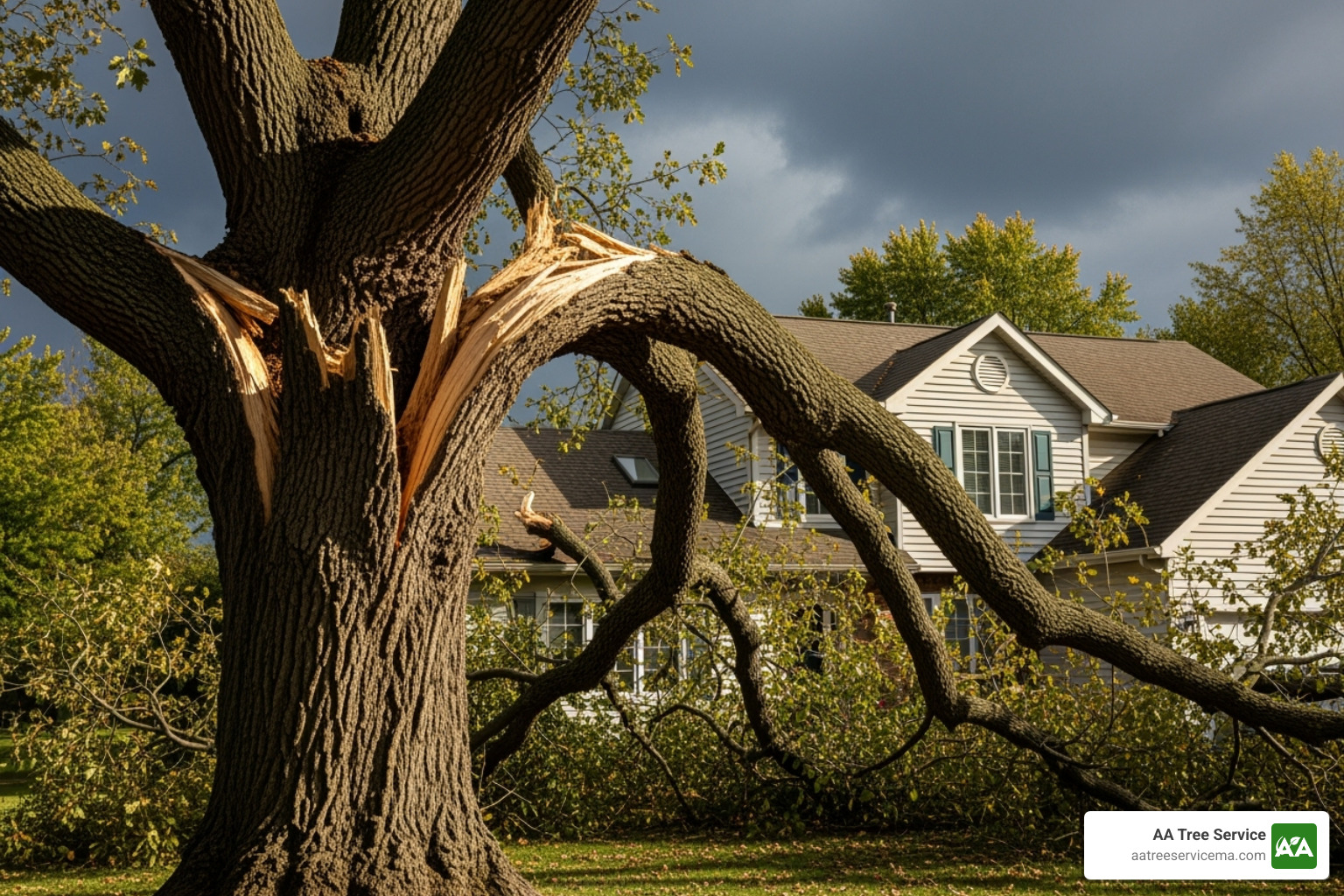 A large, old tree with several broken branches leaning precariously close to the roof of a suburban home in Framingham, illustrating a hazardous situation - tree removal Framingham MA A large, old tree with several broken branches leaning precariously close to the roof of a suburban home in Framingham, illustrating a hazardous situation - tree removal Framingham MA