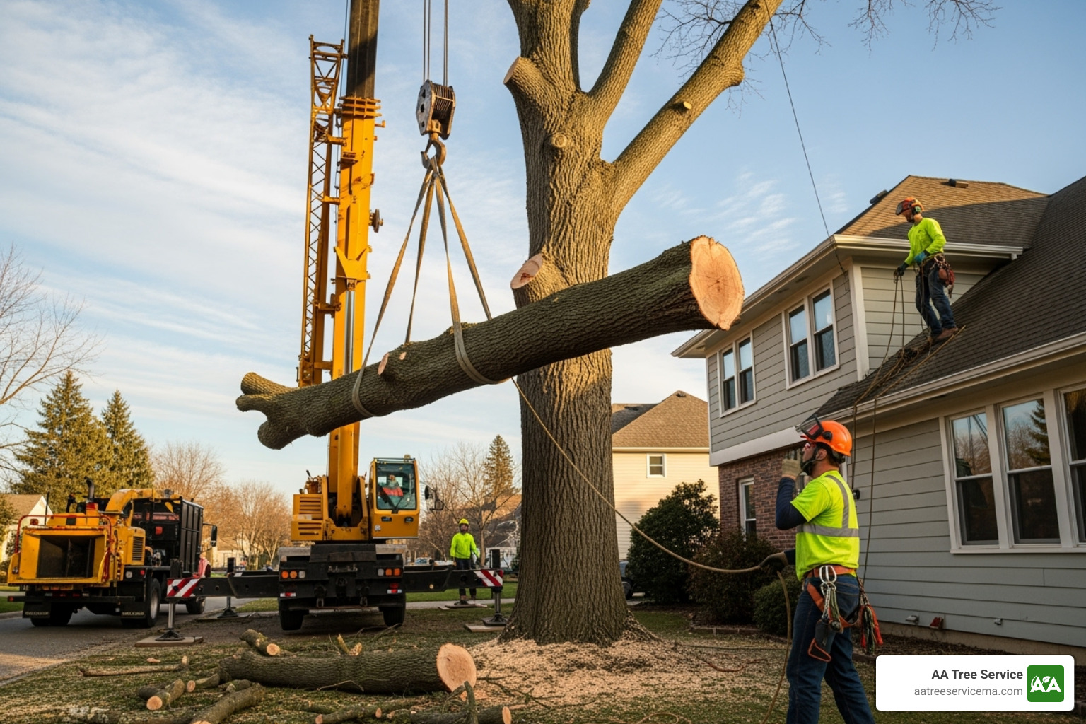 A professional tree service crew carefully lowering a large tree section with a crane, ensuring precise placement and safety near a residential structure - tree removal Framingham MA A professional tree service crew carefully lowering a large tree section with a crane, ensuring precise placement and safety near a residential structure - tree removal Framingham MA