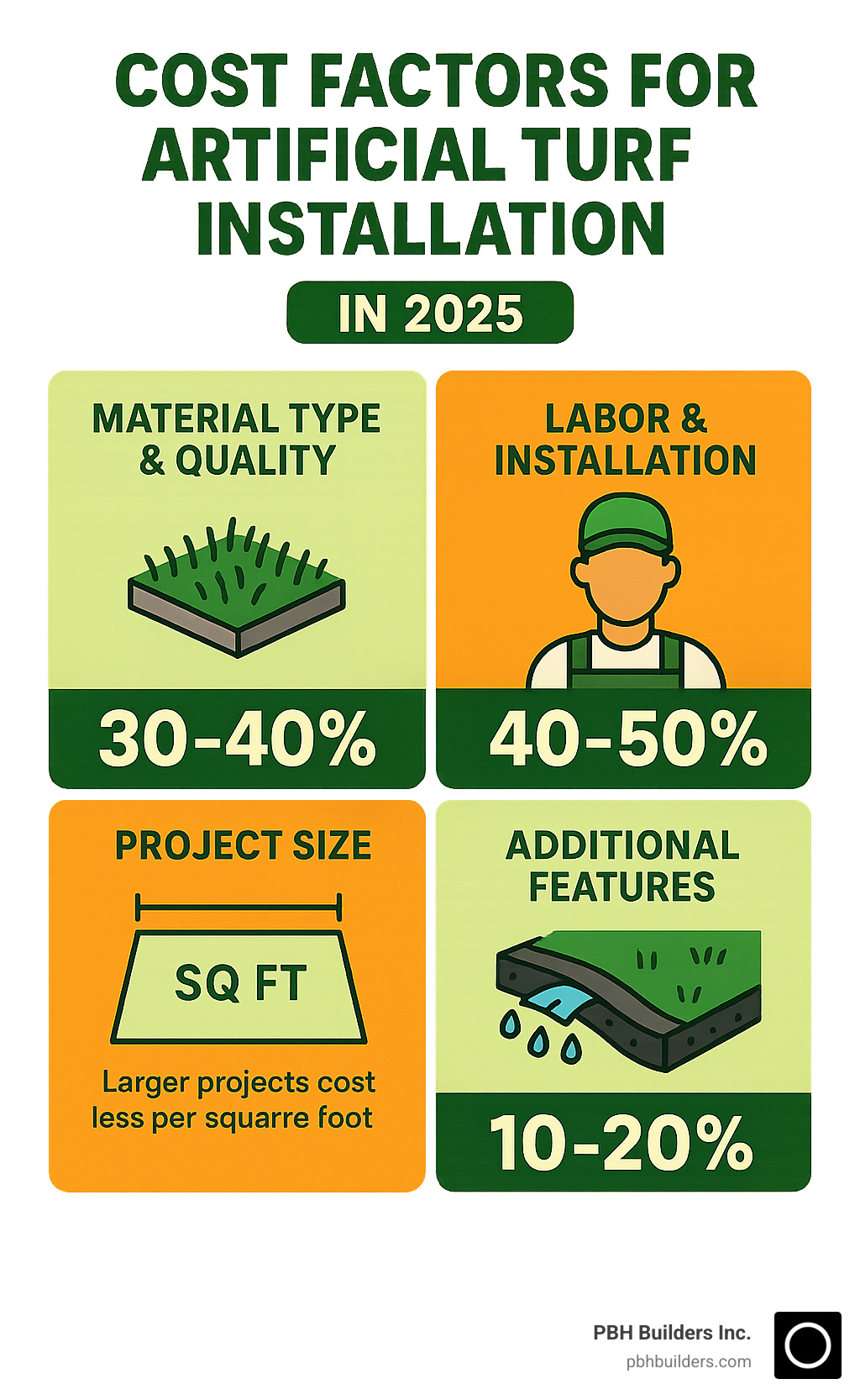 Infographic showing the four main cost factors for artificial turf installation: material type and quality accounting for 30-40% of total cost, labor and installation making up 40-50%, project size creating economies of scale with larger projects costing less per square foot, and additional features like drainage systems and edging adding 10-20% to the base price - astro turf price per square foot infographic 