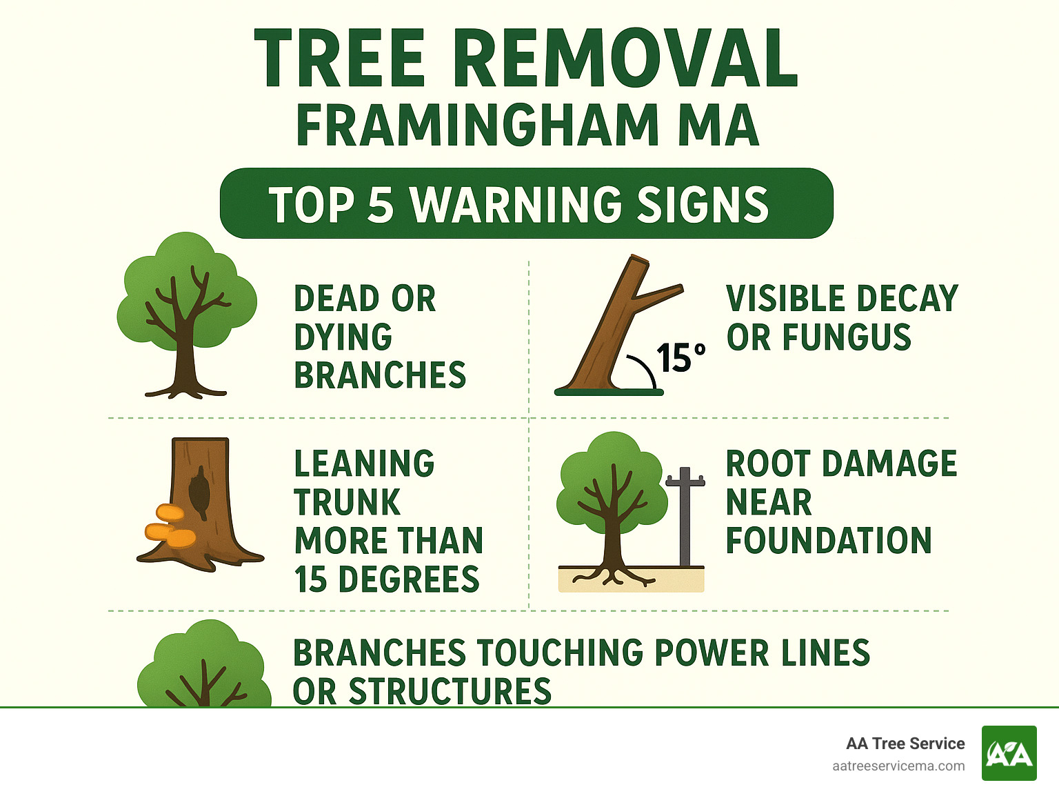 Infographic showing the top 5 warning signs a tree needs professional removal: dead or dying branches, visible decay or fungus, leaning trunk more than 15 degrees, root damage near foundation, and branches touching power lines or structures - tree removal Framingham MA infographic Infographic showing the top 5 warning signs a tree needs professional removal: dead or dying branches, visible decay or fungus, leaning trunk more than 15 degrees, root damage near foundation, and branches touching power lines or structures - tree removal in Framingham MA infographic