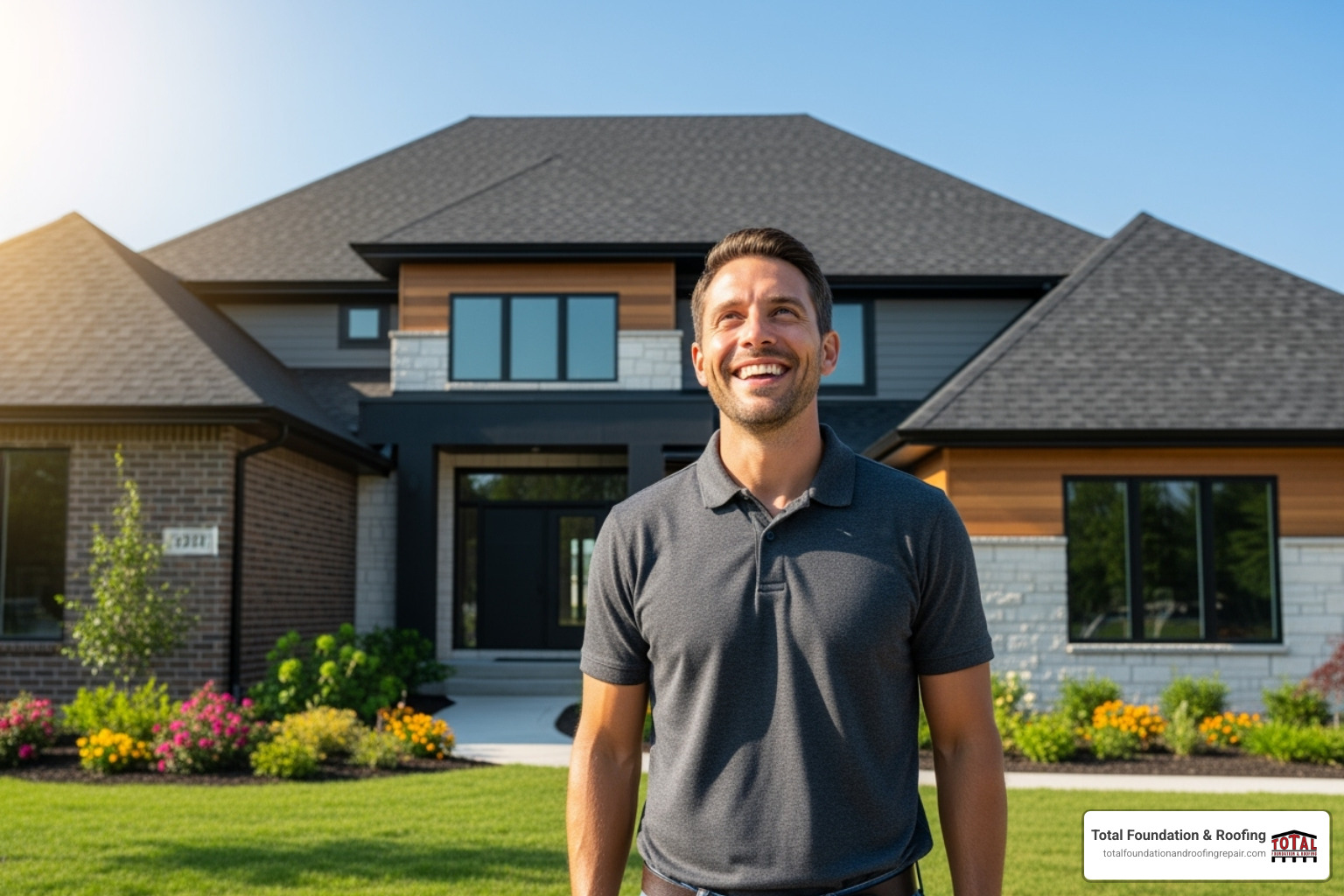 homeowner looking happily at their new roof - cost to replace roof shingles