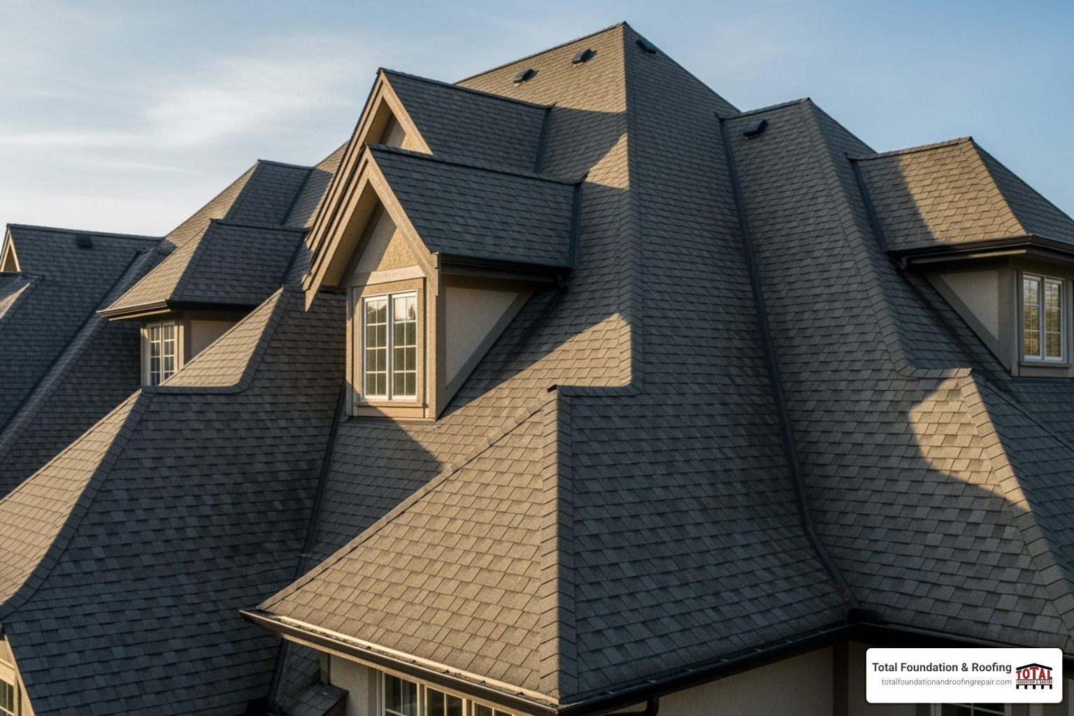 complex roof with a steep pitch and multiple valleys - cost to replace roof shingles