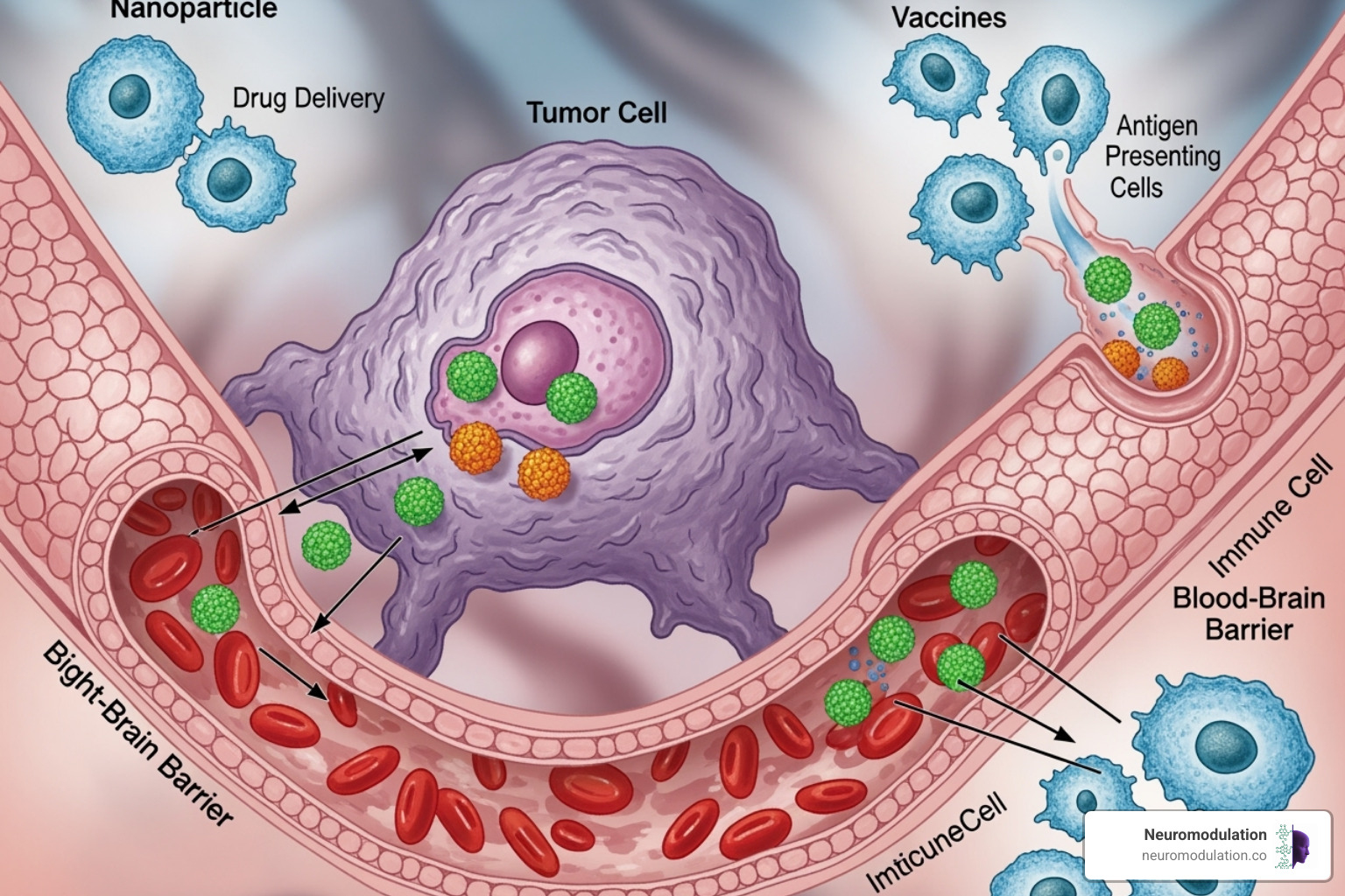 An illustration depicting various therapeutic applications of nanoparticles, including targeted delivery to a tumor cell, crossing the blood-brain barrier for neurological disorders, and delivering vaccines for immunological conditions. - nanoparticle targeted drug delivery