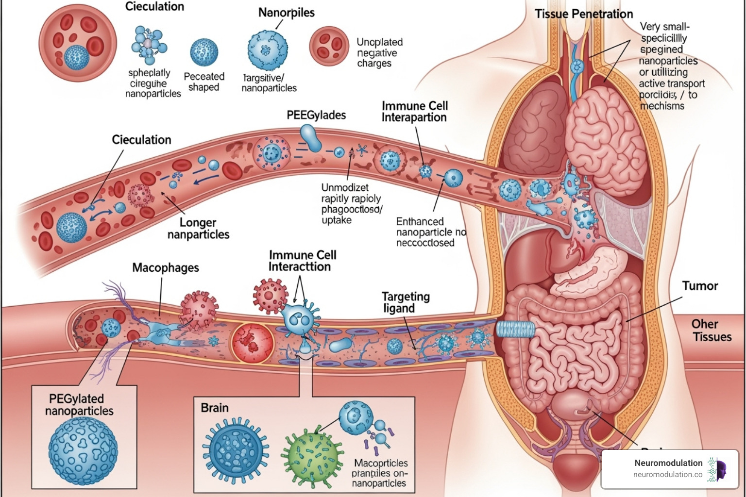 A detailed illustration of a nanoparticle's journey within the body, highlighting how its size, shape, and surface coating (e.g., PEGylation) influence its circulation time, ability to bypass immune surveillance, penetration into tissues (like tumors or the brain), and cellular uptake mechanisms. Specific examples of biological barriers are shown. - nanoparticle targeted drug delivery