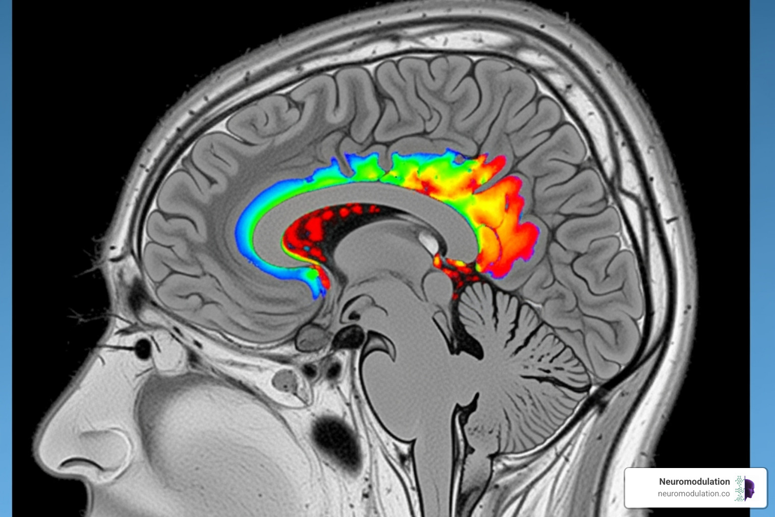 MRI scan showing drug distribution during an image-guided CED procedure, with a brightly colored area indicating the spread of the infused agent - Convection improved delivery