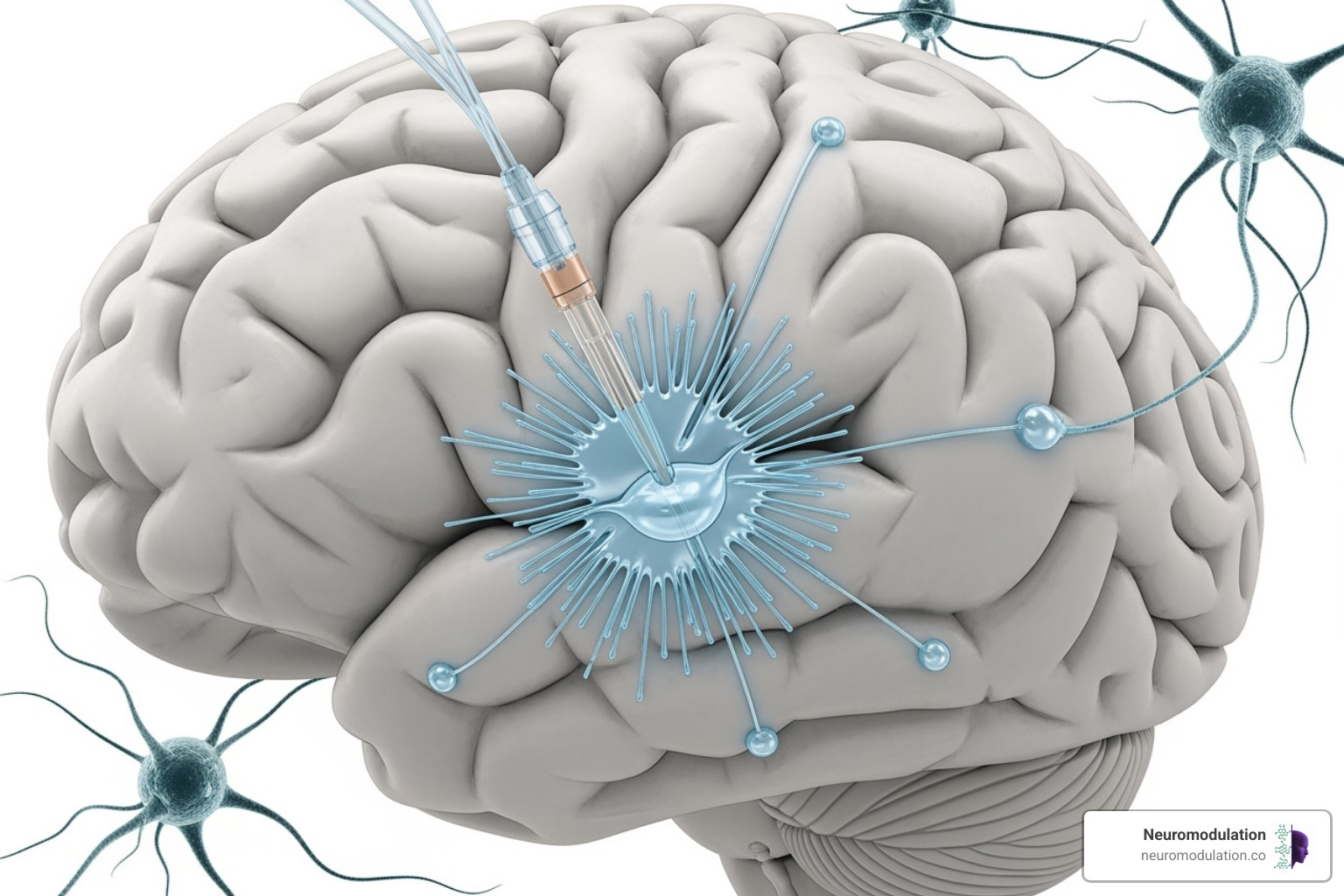 Illustration of the CED procedure with a catheter inserted into the brain, showing the drug being infused and spreading outwards - Convection improved delivery