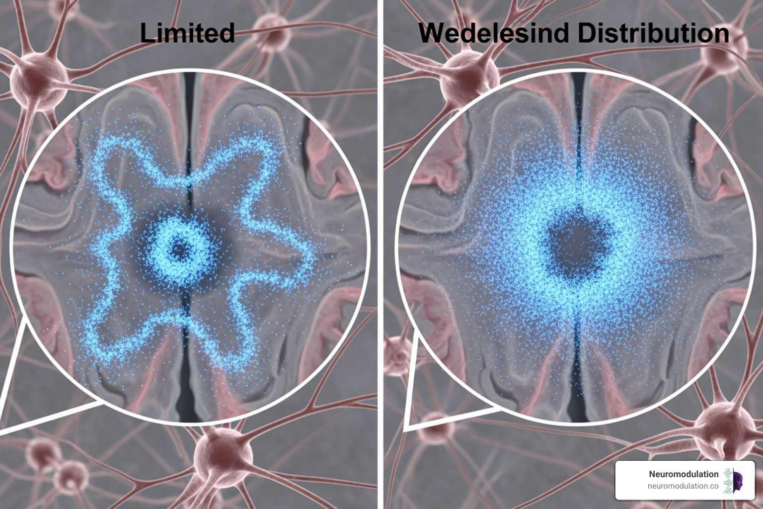 Comparison of drug distribution from diffusion vs. CED. Diffusion shows minimal, uneven spread. CED shows wide, uniform spread from the infusion site. - Convection improved delivery