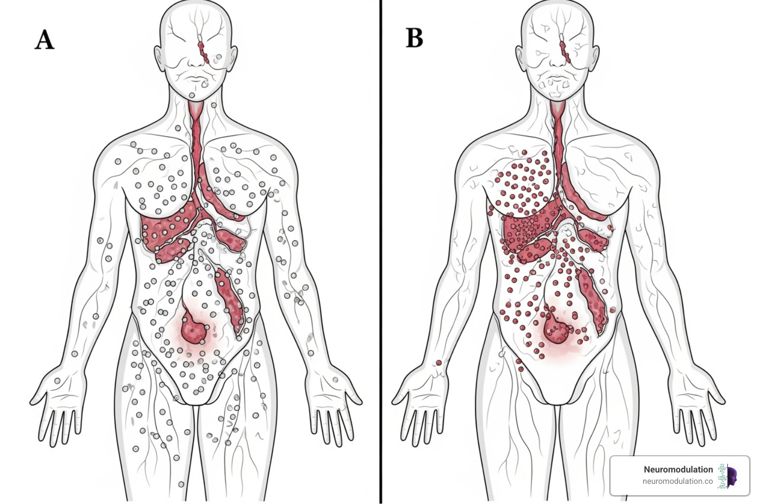 Illustration contrasting traditional chemotherapy, which distributes drugs throughout the body affecting healthy and cancer cells, with targeted drug delivery, which concentrates drugs at the tumor site, minimizing off-target effects - targeted drug delivery cancer Illustration contrasting traditional chemotherapy, which distributes drugs throughout the body affecting healthy and cancer cells, with targeted drug delivery, which concentrates drugs at the tumor site, minimizing off-target effects - targeted drug delivery cancer