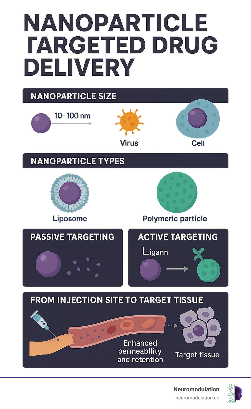 Comprehensive comparison showing nanoparticle size relative to cells and viruses, different nanoparticle types including liposomes and polymeric particles, passive versus active targeting mechanisms, and the journey from injection site to target tissue with improved permeability and retention effects - nanoparticle targeted drug delivery infographic 