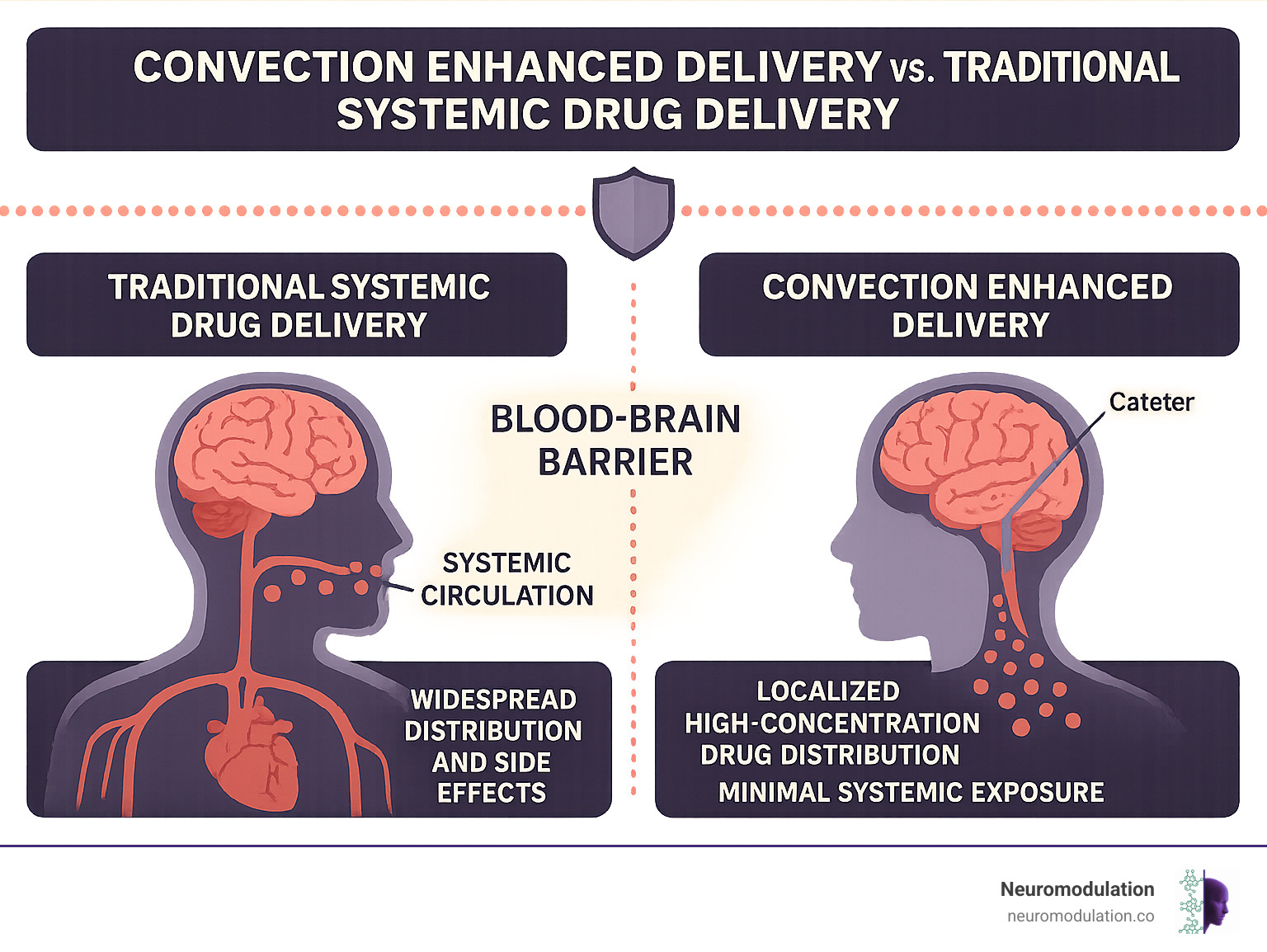 Detailed infographic comparing traditional systemic drug delivery versus convection improved delivery, showing the blood-brain barrier as a protective shield, systemic circulation with widespread distribution and side effects, versus CED's direct catheter-based delivery creating localized high-concentration drug distribution in brain tissue with minimal systemic exposure - Convection improved delivery infographic 