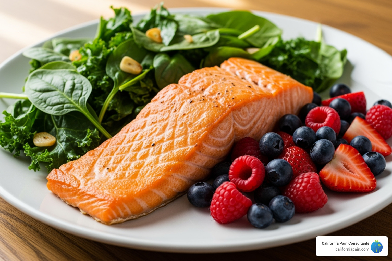 A colorful plate of anti-inflammatory foods like salmon, leafy greens, and berries - natural pain management and wellness