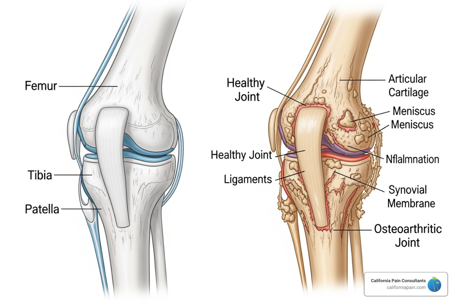healthy knee vs osteoarthritis knee - knee pain treatment