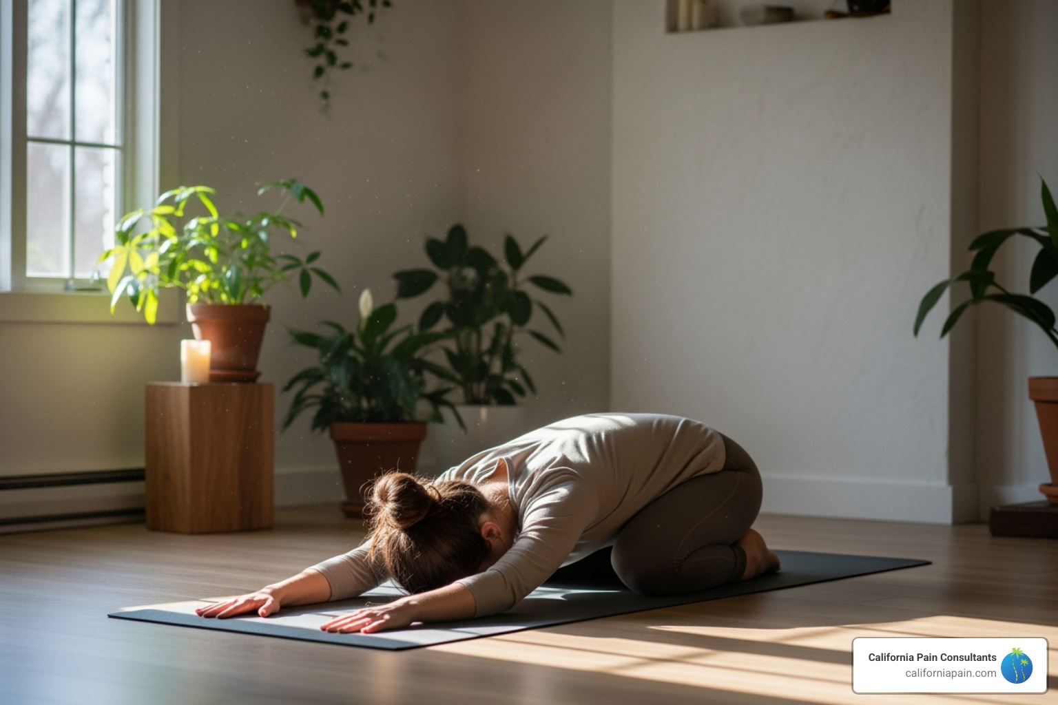 A person doing a gentle yoga stretch in a calm environment - natural pain management and wellness