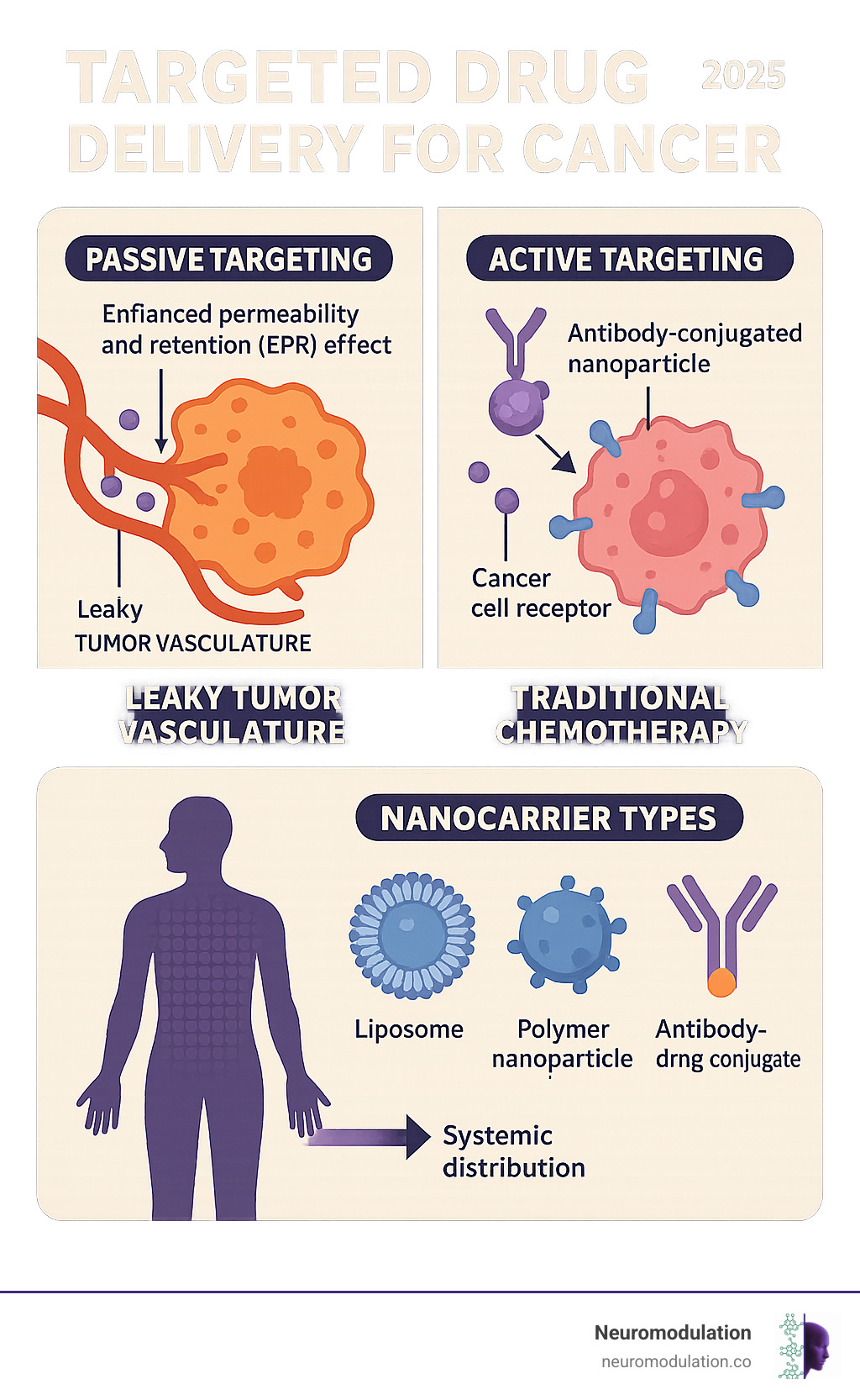 Comprehensive infographic showing targeted drug delivery cancer mechanisms including passive targeting through EPR effect with leaky tumor vasculature, active targeting using antibody-conjugated nanoparticles binding to cancer cell receptors, comparison with traditional chemotherapy systemic distribution, and various nanocarrier types including liposomes, polymer nanoparticles, and antibody-drug conjugates - targeted drug delivery cancer infographic Comprehensive infographic showing targeted drug delivery cancer mechanisms including passive targeting through EPR effect with leaky tumor vasculature, active targeting using antibody-conjugated nanoparticles binding to cancer cell receptors, comparison with traditional chemotherapy systemic distribution, and various nanocarrier types including liposomes, polymer nanoparticles, and antibody-drug conjugates - targeted drug delivery cancer infographic