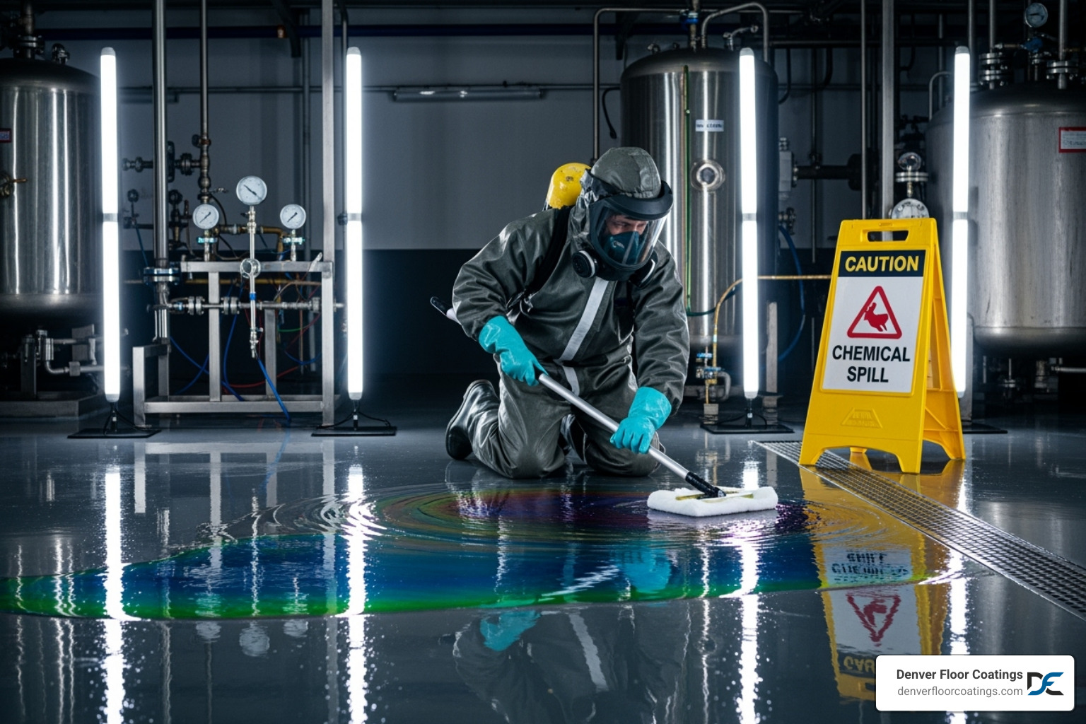 Industrial worker cleaning a chemical spill on an epoxy floor - Epoxy floor chemical resistance Industrial worker cleaning a chemical spill on an epoxy floor - Epoxy floor chemical resistance