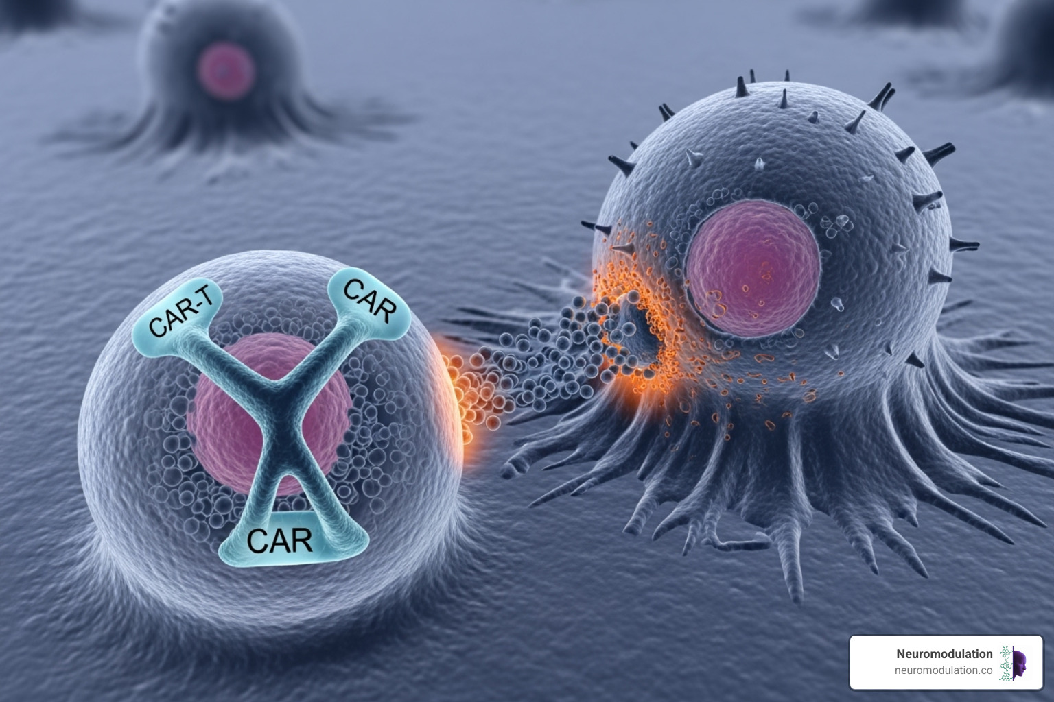 A detailed illustration of a CAR-T cell, genetically engineered with a Chimeric Antigen Receptor, effectively recognizing and attacking a cancer cell, highlighting the precision and power of live-cell therapies. - Drug delivery systems