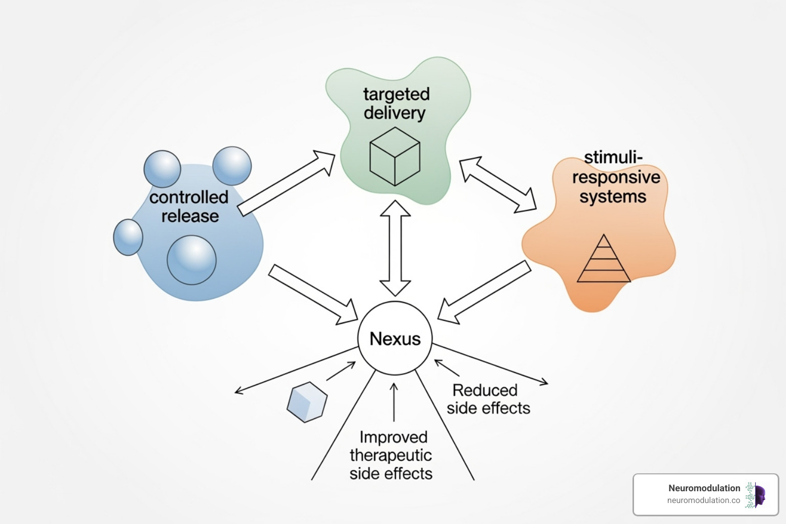 A diagram illustrating the three fundamental drug delivery paradigms: controlled release, targeted delivery, and stimuli-responsive delivery, with arrows showing their interconnectedness and contribution to improved therapeutic outcomes and reduced side effects. - Drug delivery systems