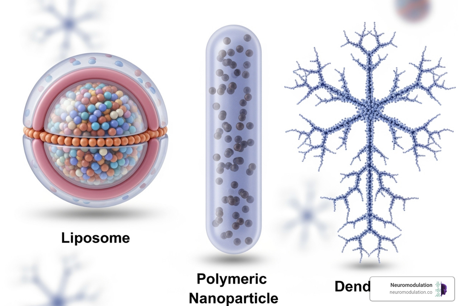 Different types of nanocarriers, including spherical liposomes encapsulating drugs, rod-shaped polymeric nanoparticles, and branched dendrimers, illustrating their diverse structures and drug-carrying capabilities. - Drug delivery systems