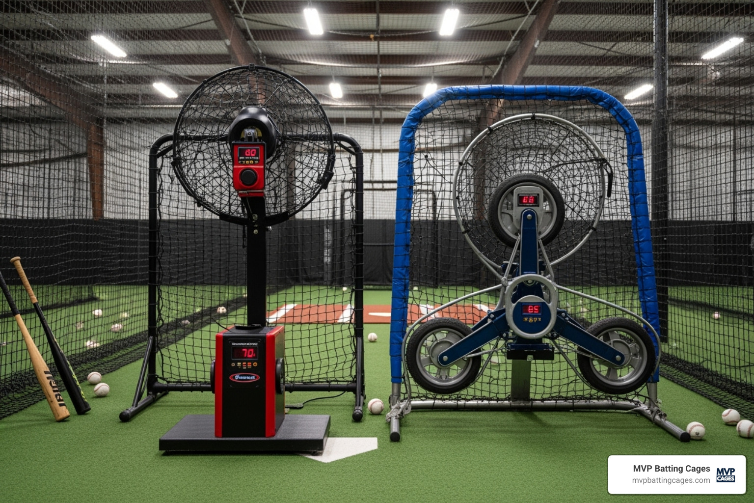 side-by-side of a one-wheel and a three-wheel pitching machine - pitching machine rental