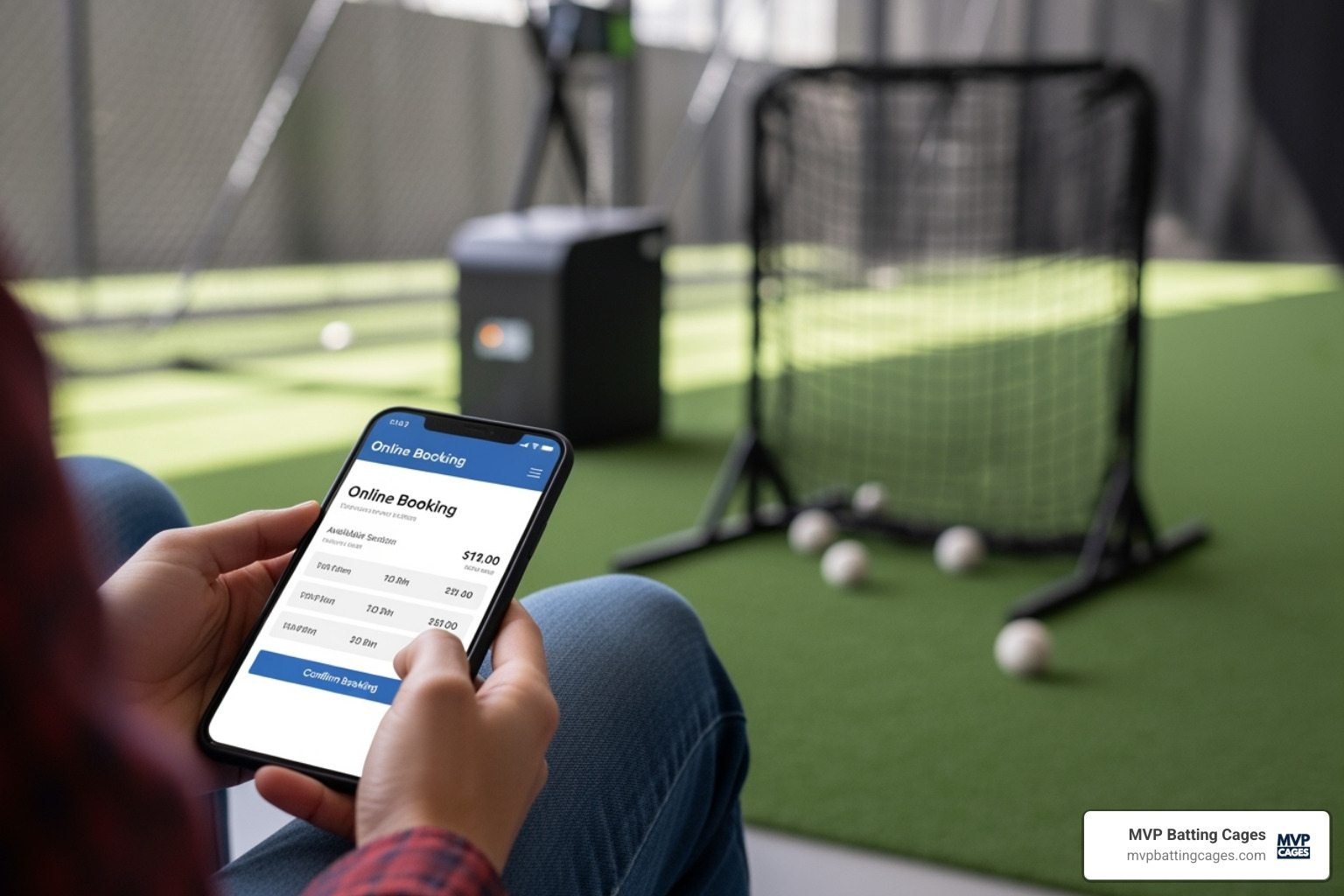 user booking a batting cage on a smartphone or computer - pitching machine rental