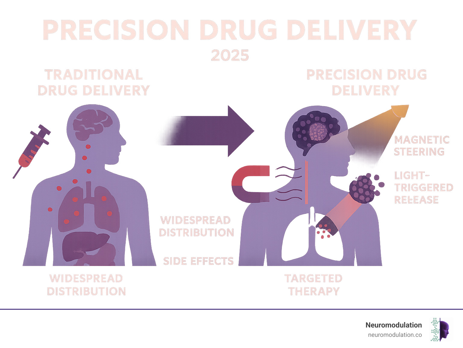 Comprehensive infographic showing the pathway from traditional systemic drug delivery with widespread distribution and side effects to precision drug delivery using nanocarriers with magnetic steering and light-triggered release for targeted therapy with minimal off-target effects - Precision drug delivery infographic 