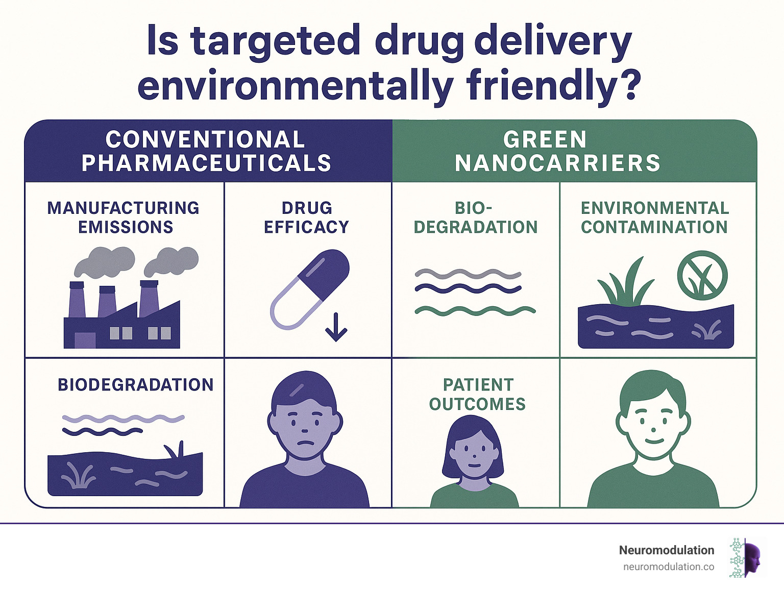 Comprehensive infographic showing the lifecycle comparison between conventional pharmaceuticals and green nanocarriers, including manufacturing emissions, drug efficacy rates, biodegradation pathways, environmental contamination levels, and patient outcomes with clear visual indicators of pollution reduction and improved therapeutic targeting - is targeted drug delivery environmentally friendly infographic 