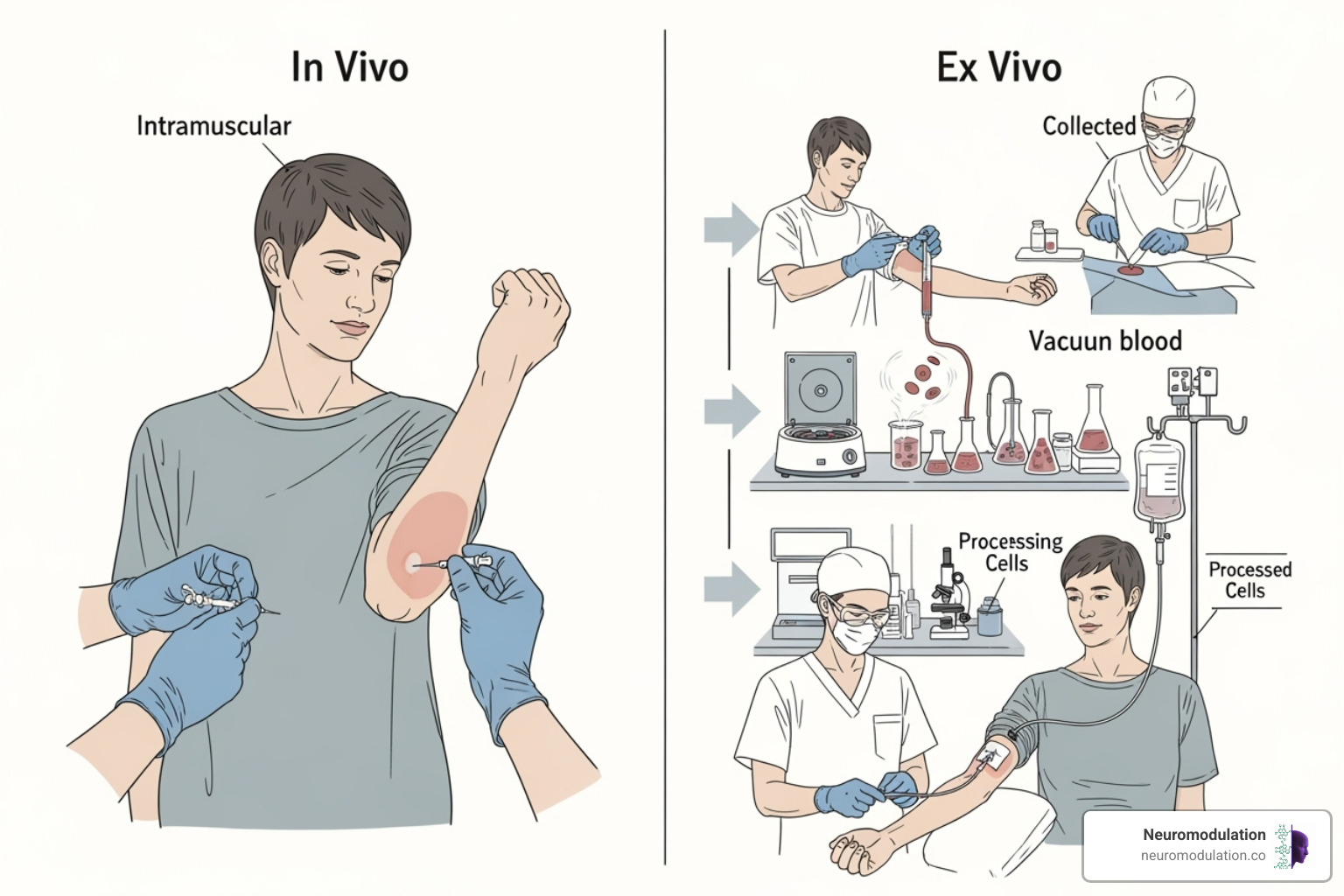 comparing the In Vivo (direct injection) and Ex Vivo (cells removed and returned) processes - Gene therapy delivery comparing the In Vivo (direct injection) and Ex Vivo (cells removed and returned) processes - Gene therapy delivery