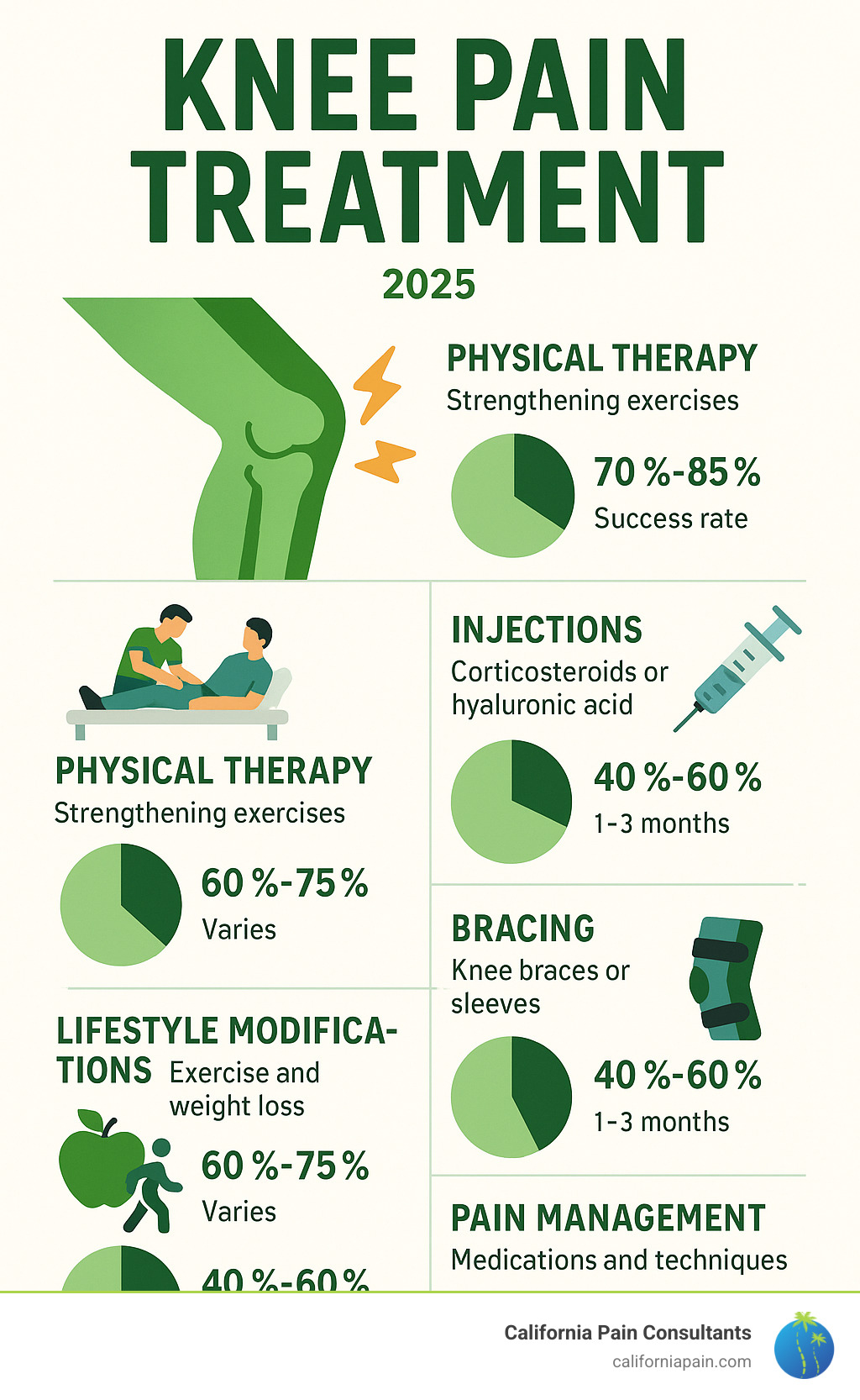 Comprehensive knee pain treatment options including physical therapy, injections, lifestyle modifications, bracing, and pain management techniques with success rates and recovery timelines - knee pain treatment infographic 