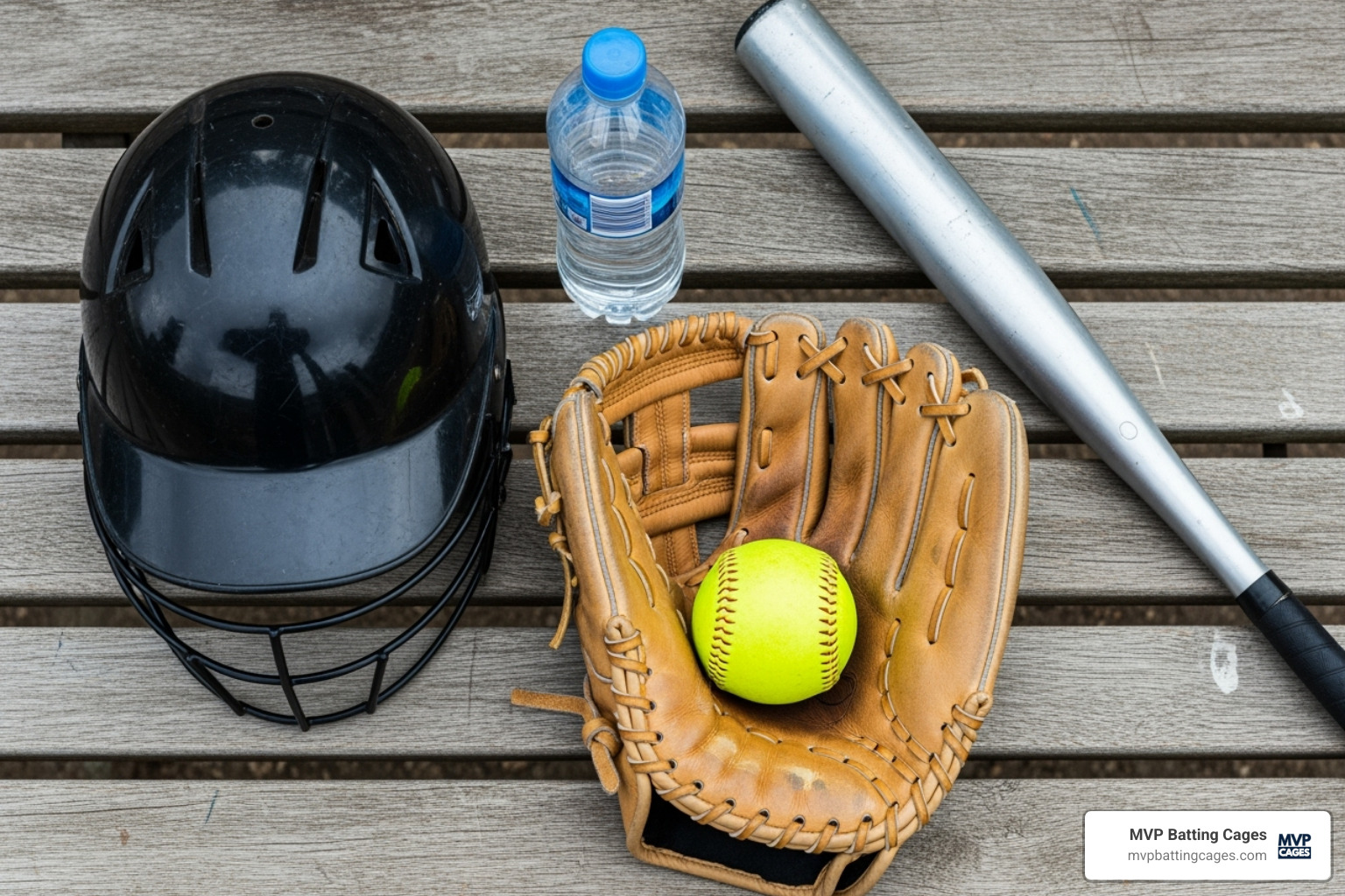 essential softball gear: glove, bat, helmet, and water bottle - winter softball clinics near me