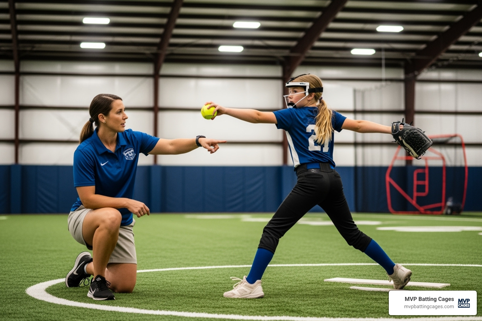 softball coach giving one-on-one instruction to a softball pitcher - winter softball clinics near me